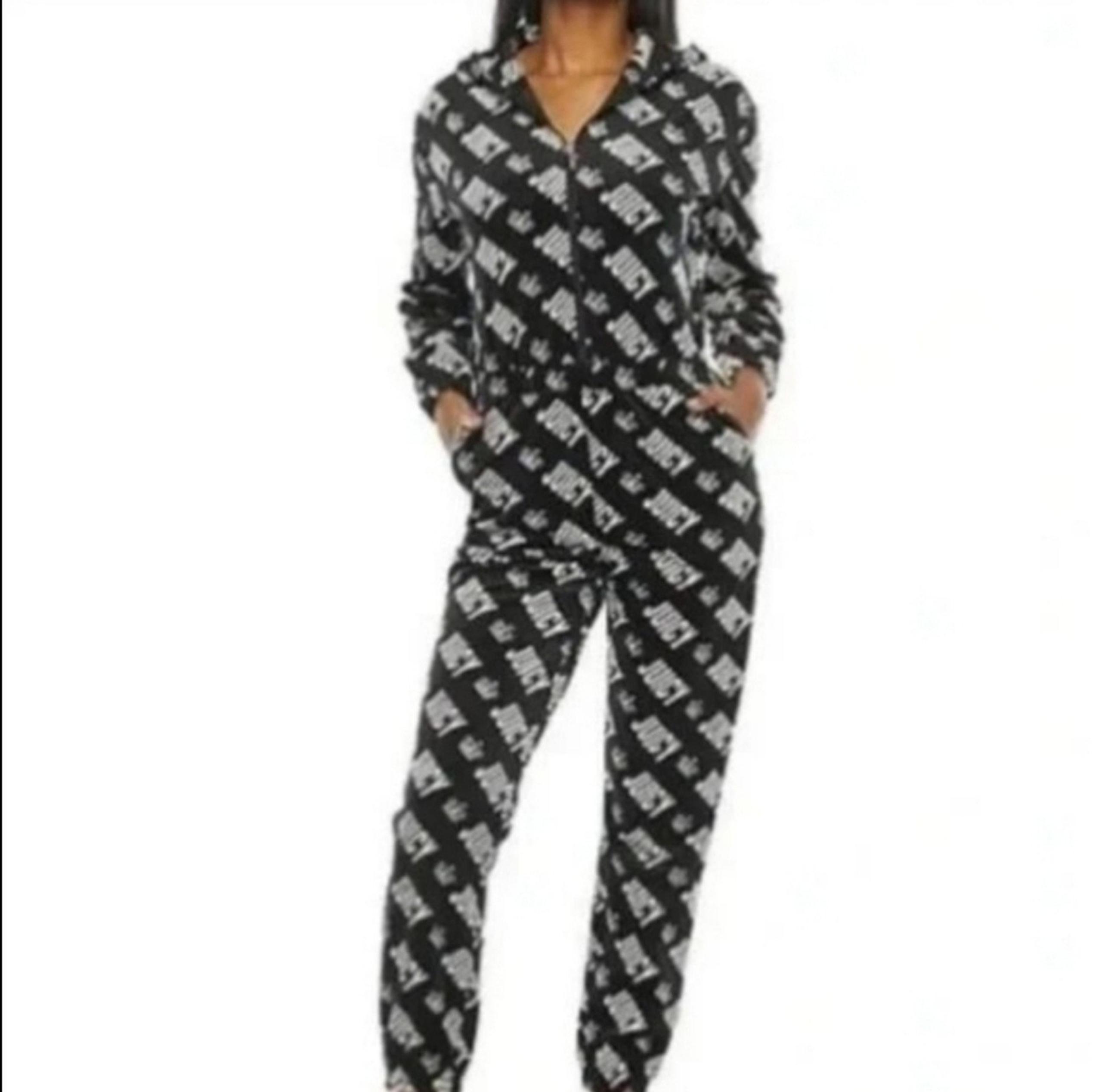 Juicy Couture Black White Velvet Velour Hooded Jumpsuit Jogger New Large Zip Up