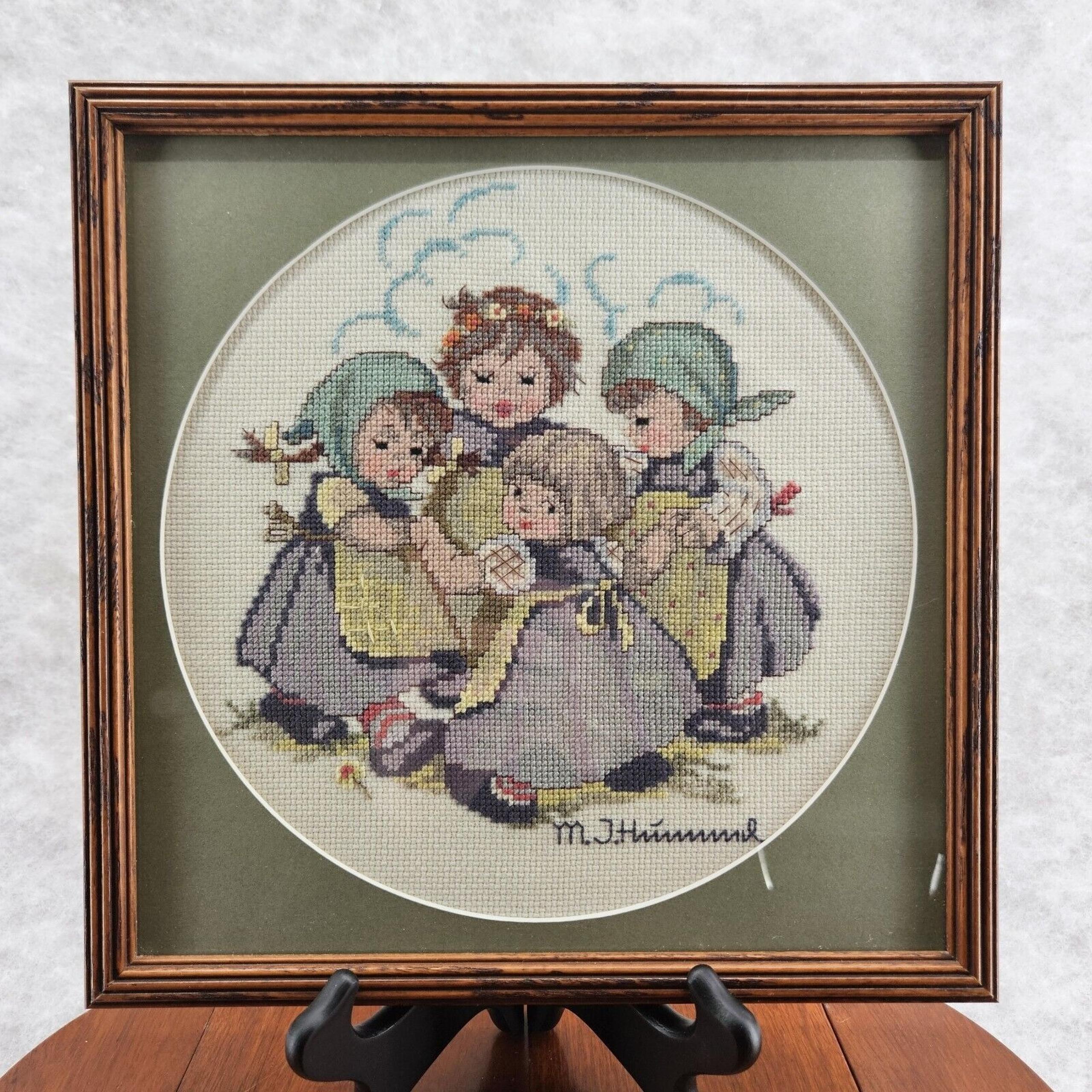 Completed Custom Framed Cross Stitch Hummel Girls Ring Around Rosie Decor Art