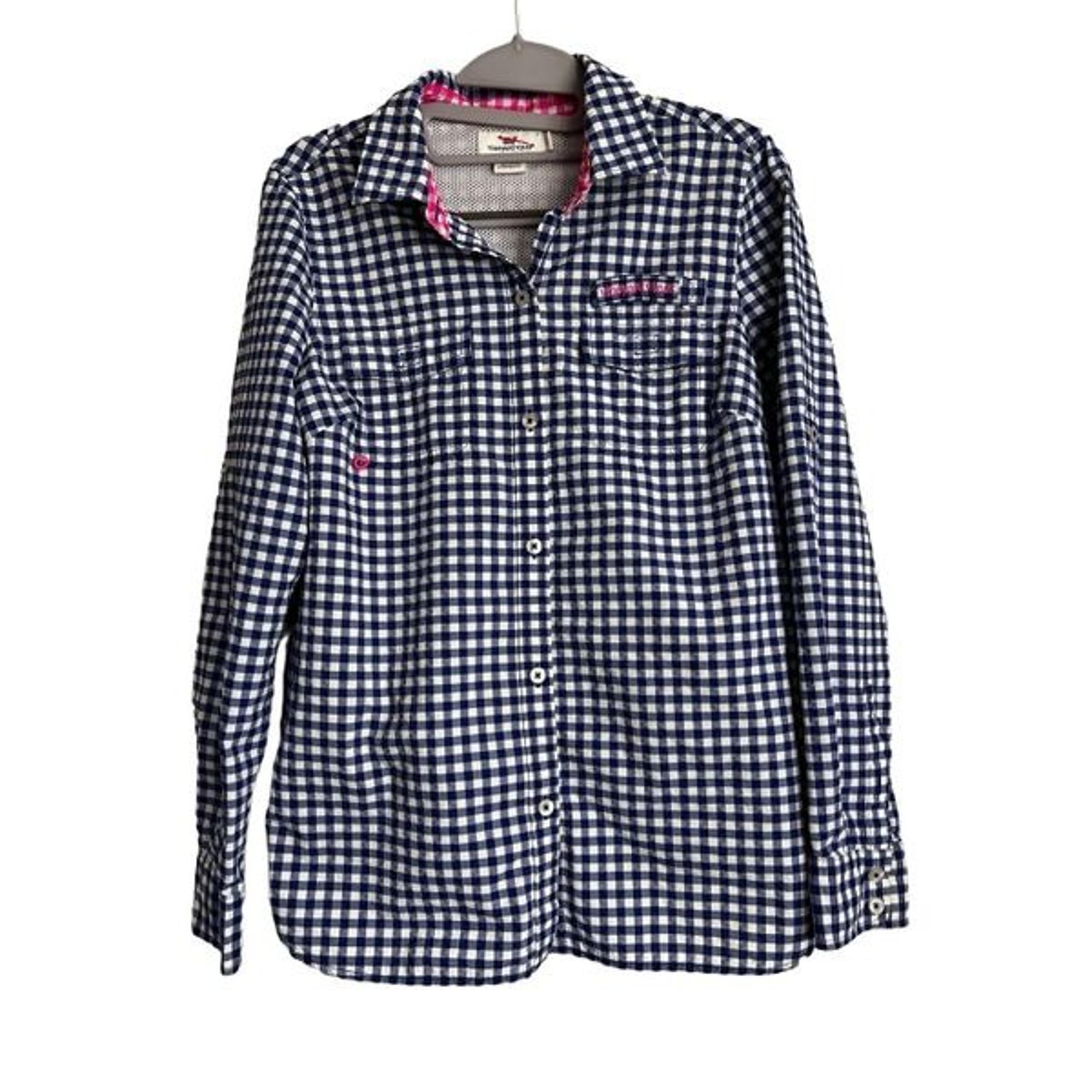 Vineyard Vines Shirt Womens Size 2 Blue Gingham Fishing Button Down TINY FLAW