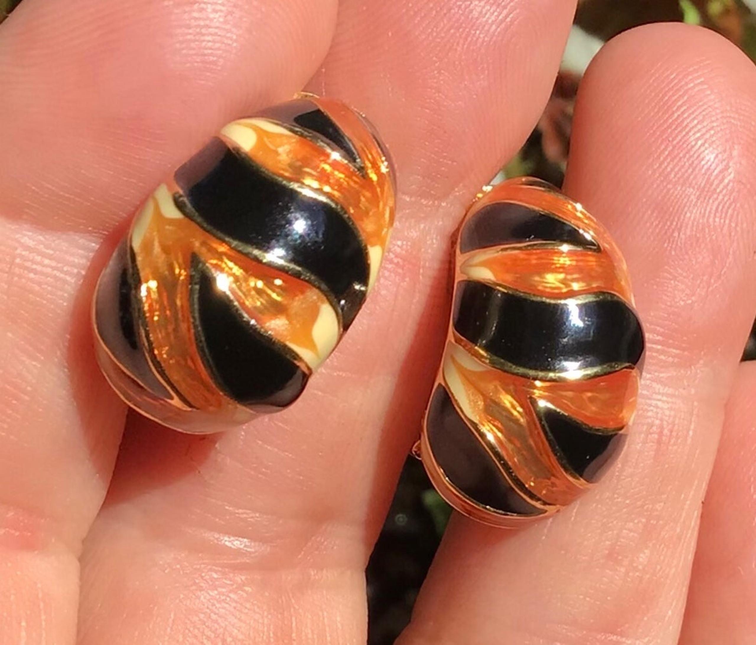 KJL Kenneth Jay Lane Gold Tiger Stripe Enamel Half Hoop CLIP ON Earrings