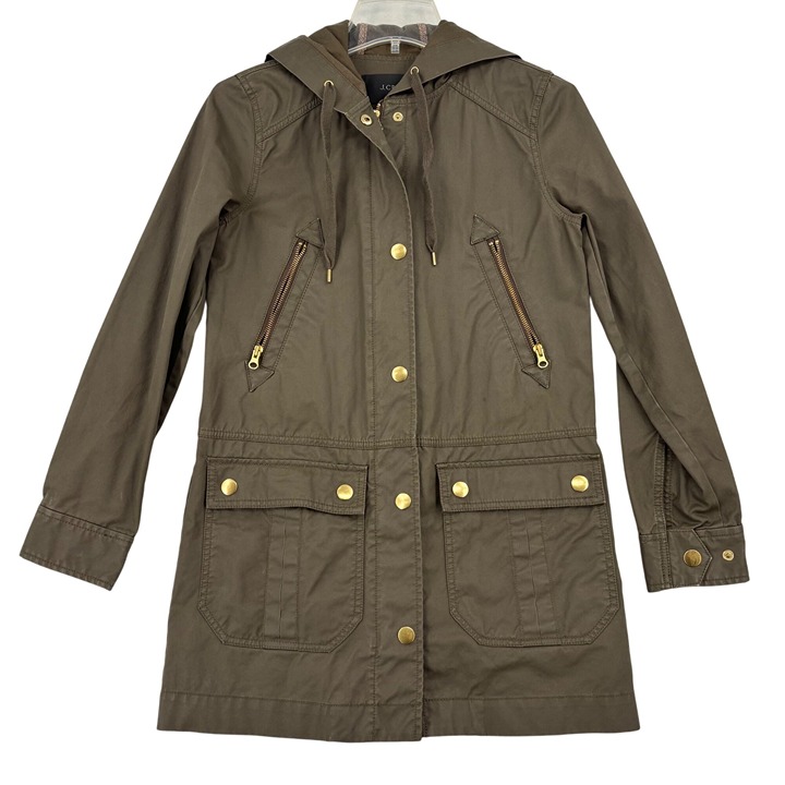 J.Crew Hooded Utility Jacket Size XXS Olive Green Military Field Full Zip Snap