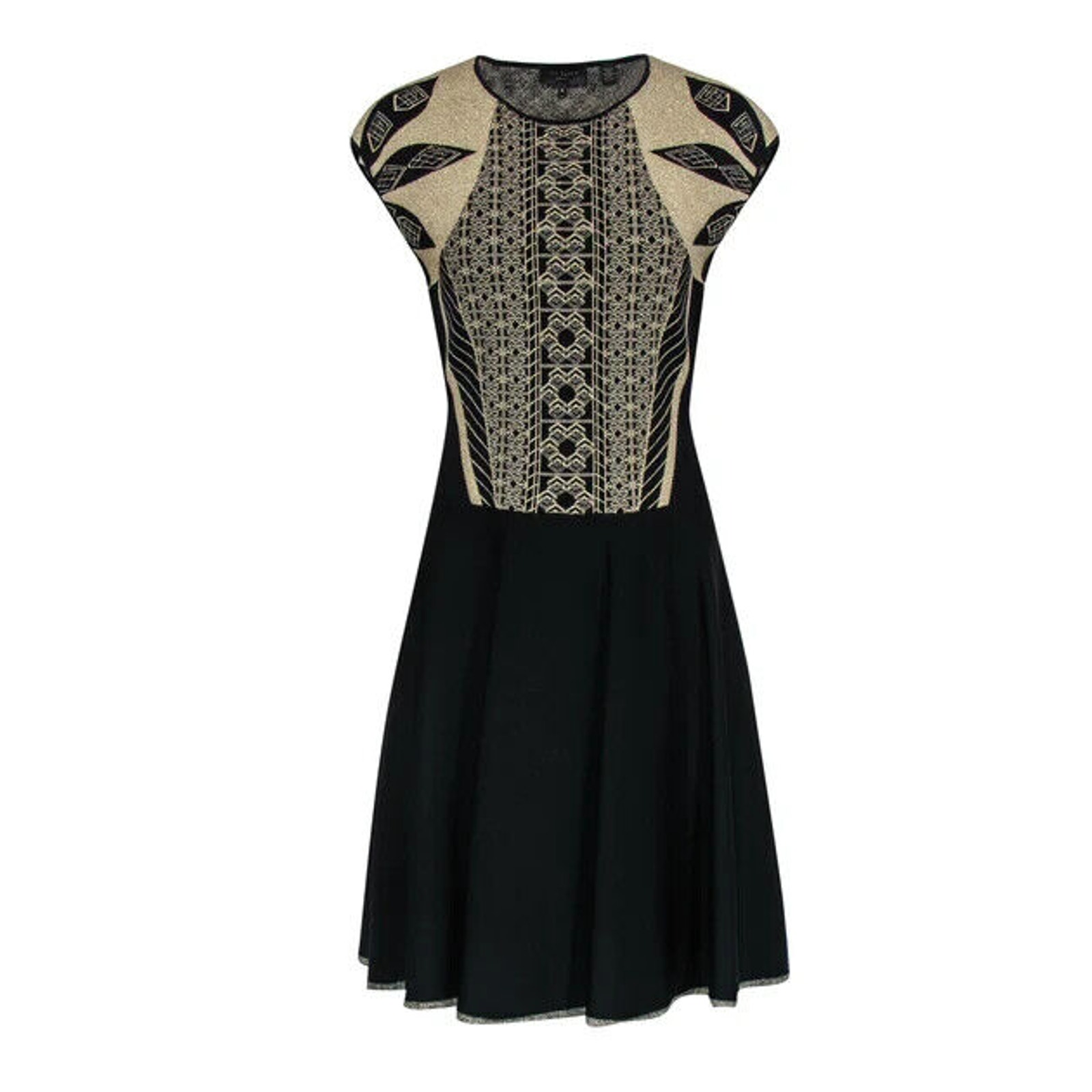 Ted Baker Dress Jenkin Knit Jacquard Skater Gold Black Sleeveless Crew Neck 2 S