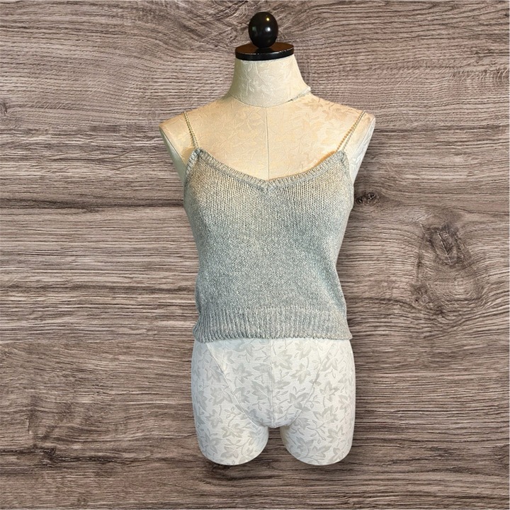 Nicole Curie VTG Silk & Linen Knit Gray Tank Sleeveless V-Neck Sz M Jewel Strap