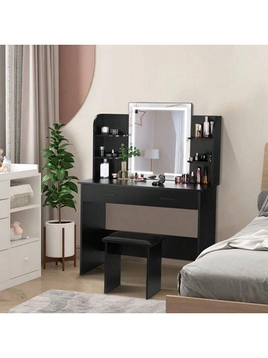 Makeup Vanity Desk With LED Lighted Mirror, 4 Shelves, 2 Drawers And Stool