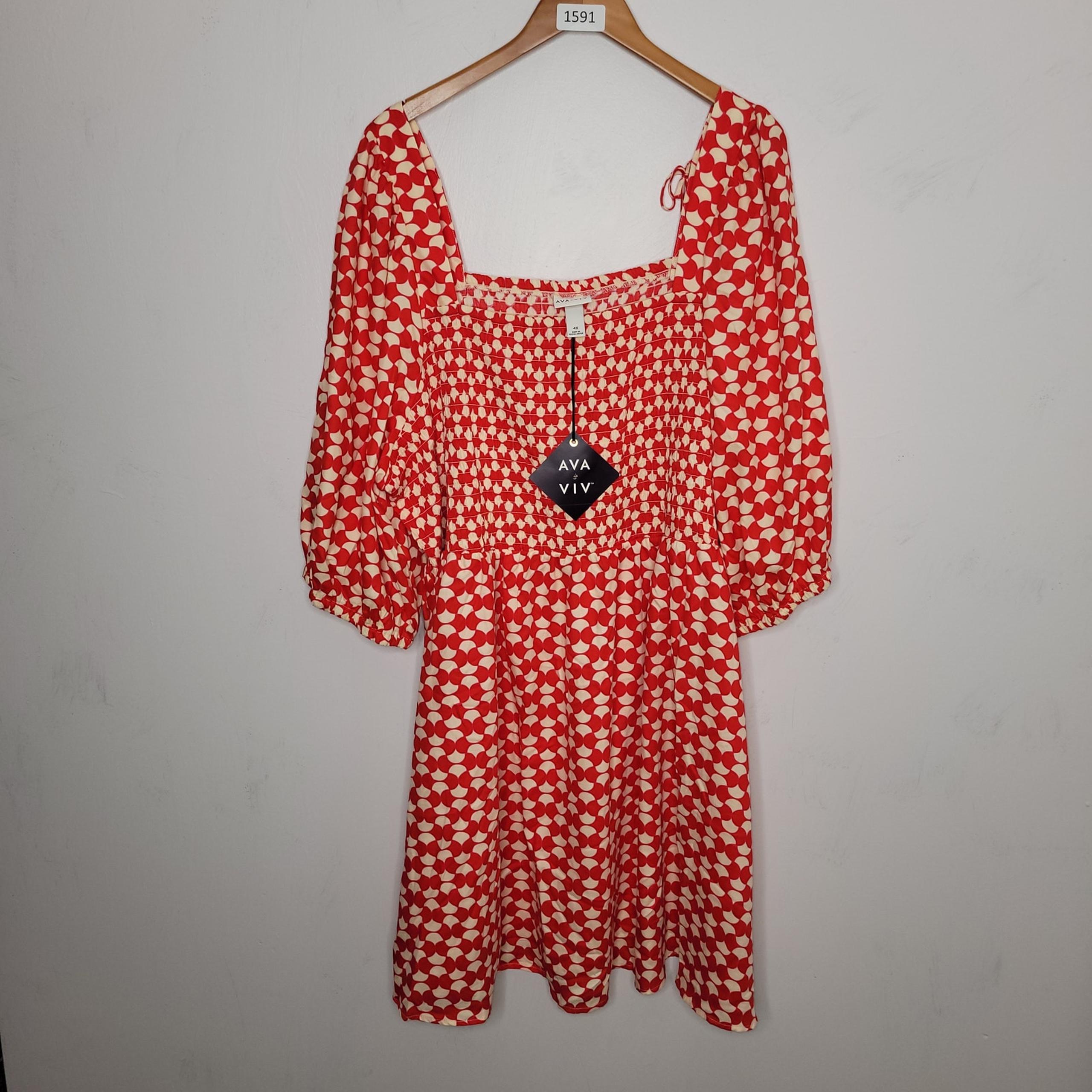 Ava & Viv Women Dress Size 4X Balloon Sleeve Smocked Midi 100 Cotton Red Cream