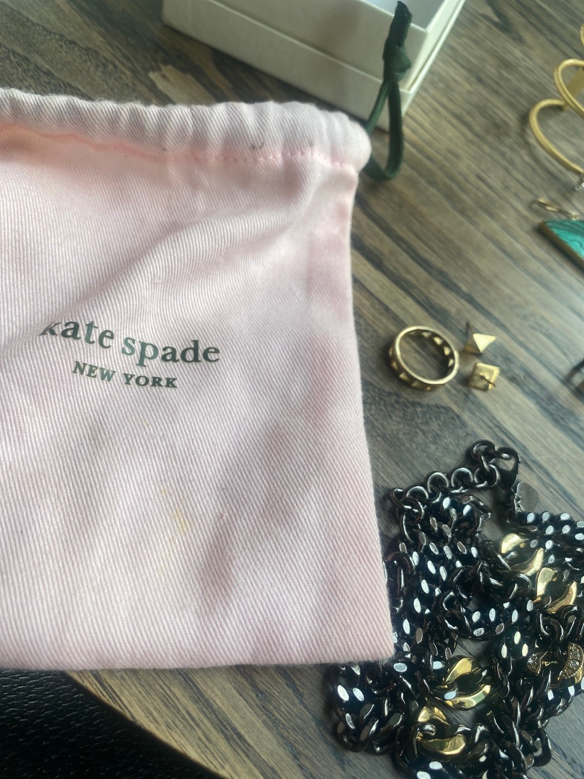 Kate Spade Jewelry Pouch, Black Chain Necklace with Gold Links, Ring and Studs