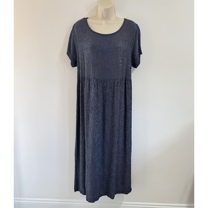 Vintage 90s Eileen Fisher T-shirt Dress L Maxi Navy Blue White Stripe Lagen