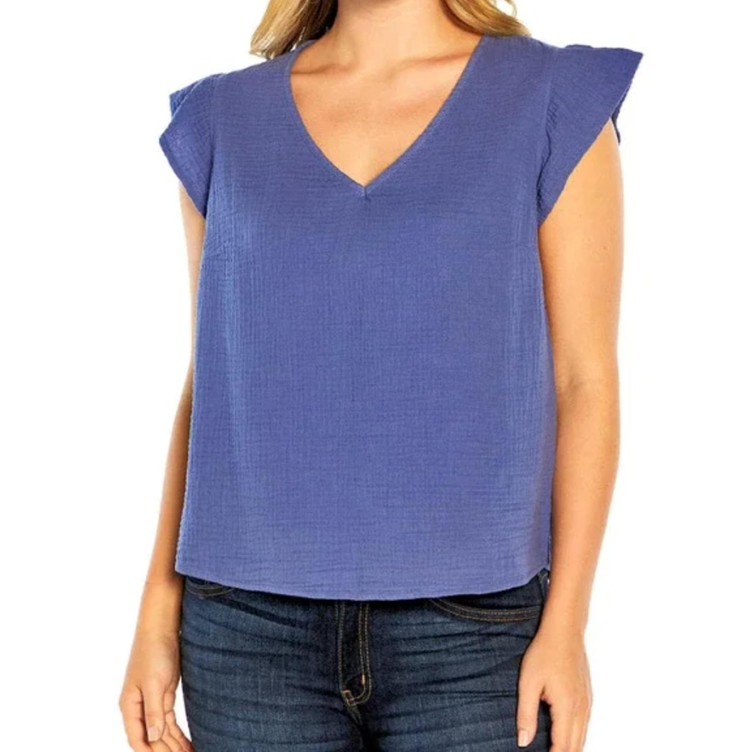 Three Dots 100% Gauzy Cotton Flutter Sleeve Periwinkle Blouse Womens size Large