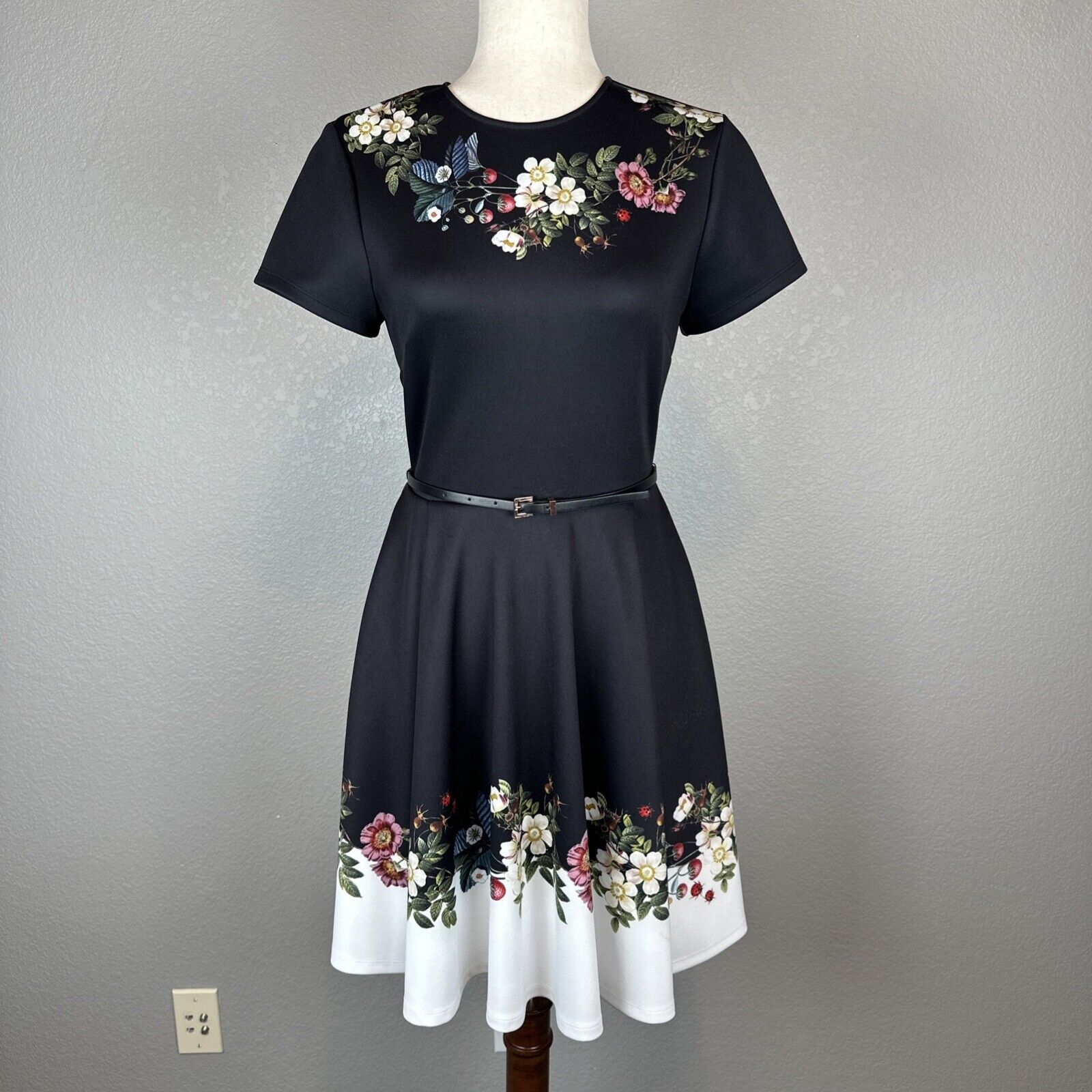 Ted Baker Chestna Oracle Skater Dress Size 4 Belted Pockets Strawberry Floral