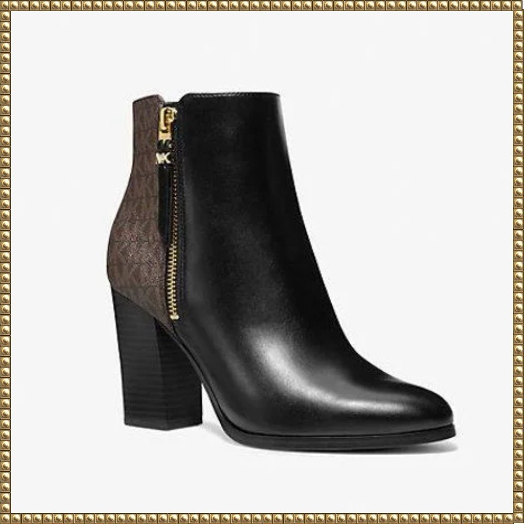New With Box Michael Kors Britt Signature Logo Trim Black Brown Ankle Boot 5.5