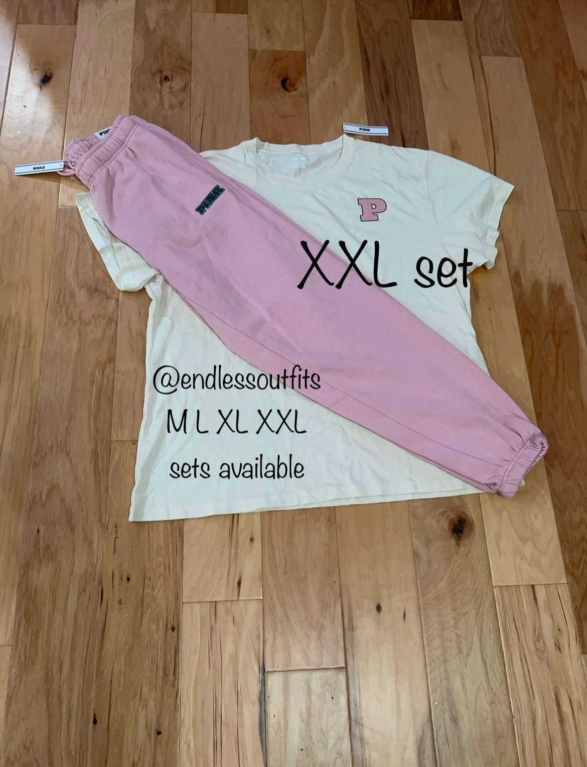 VS PINK LIMITED EDITION CHALK ROSE SWEATPANTS & WHITE SHELL TEE XXL OUTFIT SET