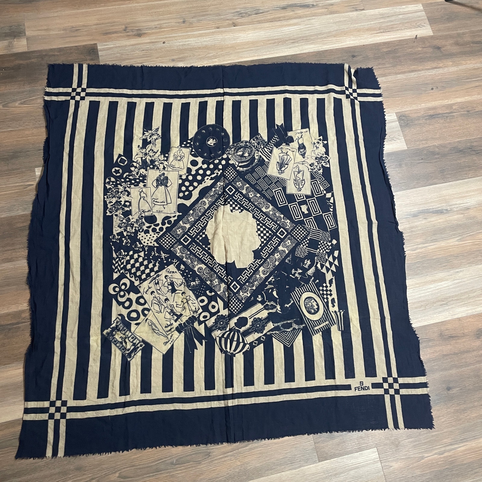 Fendi Vintage Shawl Scarf Wrap Navy Blue Tan Abstract Print Italy 50 x 50