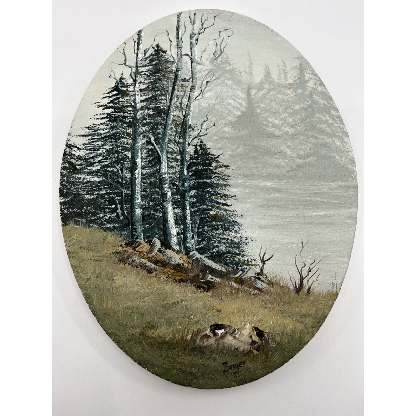 Oval Hand Painted Landscape Paintings 12 Tall Wall Hanging White Birch Zenger