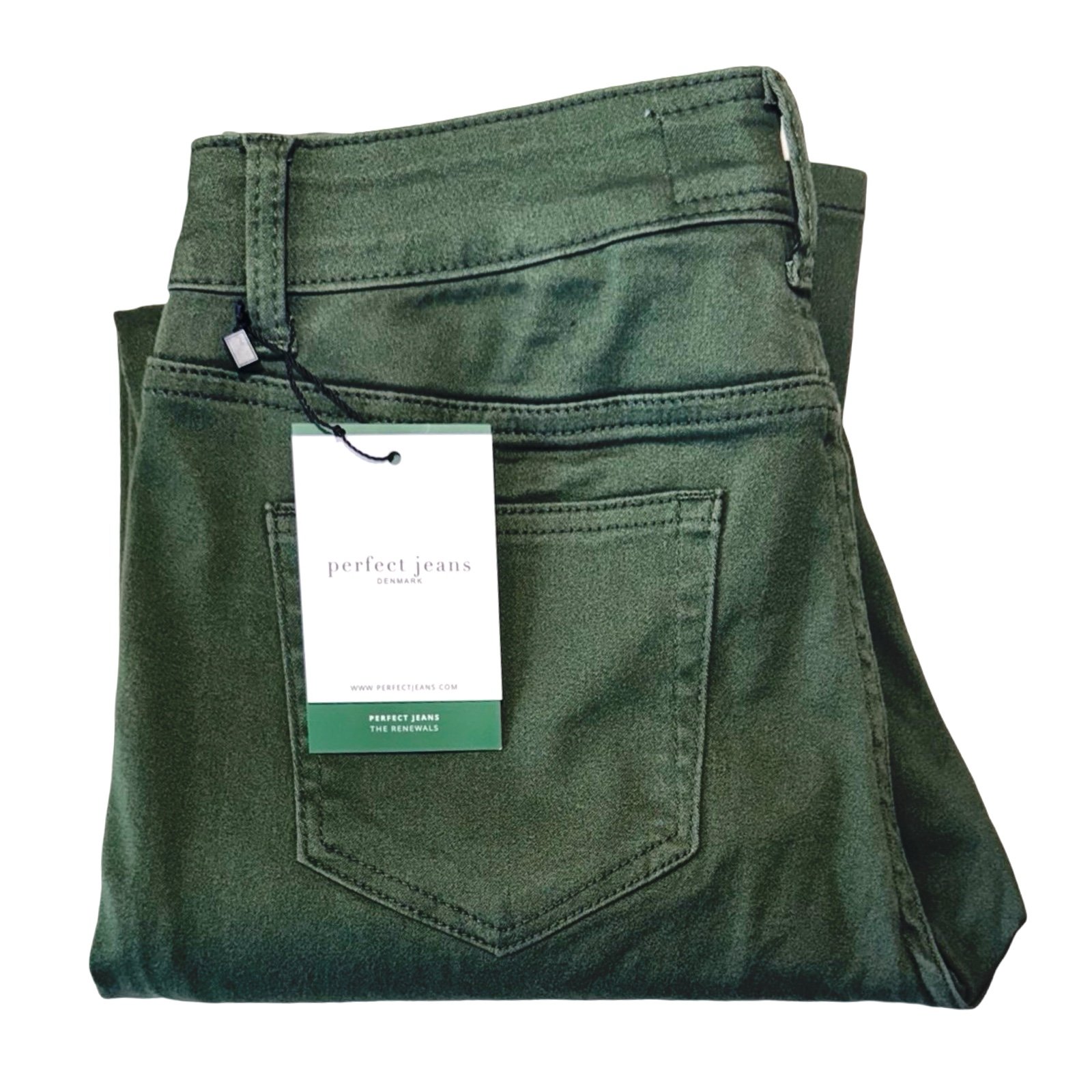 Perfect Jeans Men’s Classic Slim-Fit Jeans. Olive Green. Waist: 28”. Length: 30”