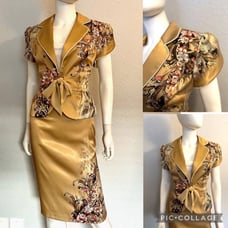 NWT WOMEN SATIN SKIRT SUIT SET BLAZER/SKIRT/TOP FLORAL PRINT TIE FRONT FORMAL