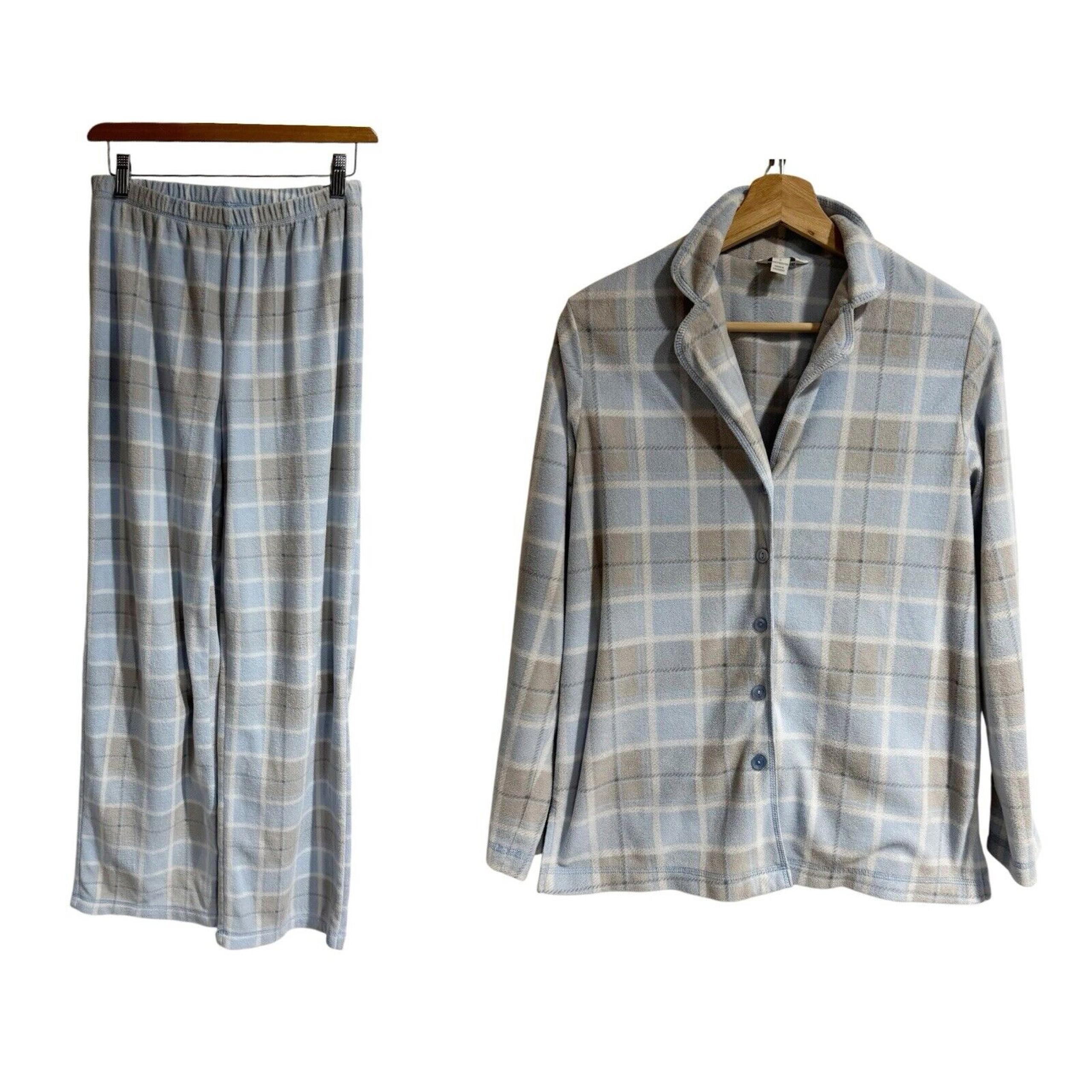 Women Small 2 Piece Pajama Set Blue White Plaid Button Down Fleece - Charter Club