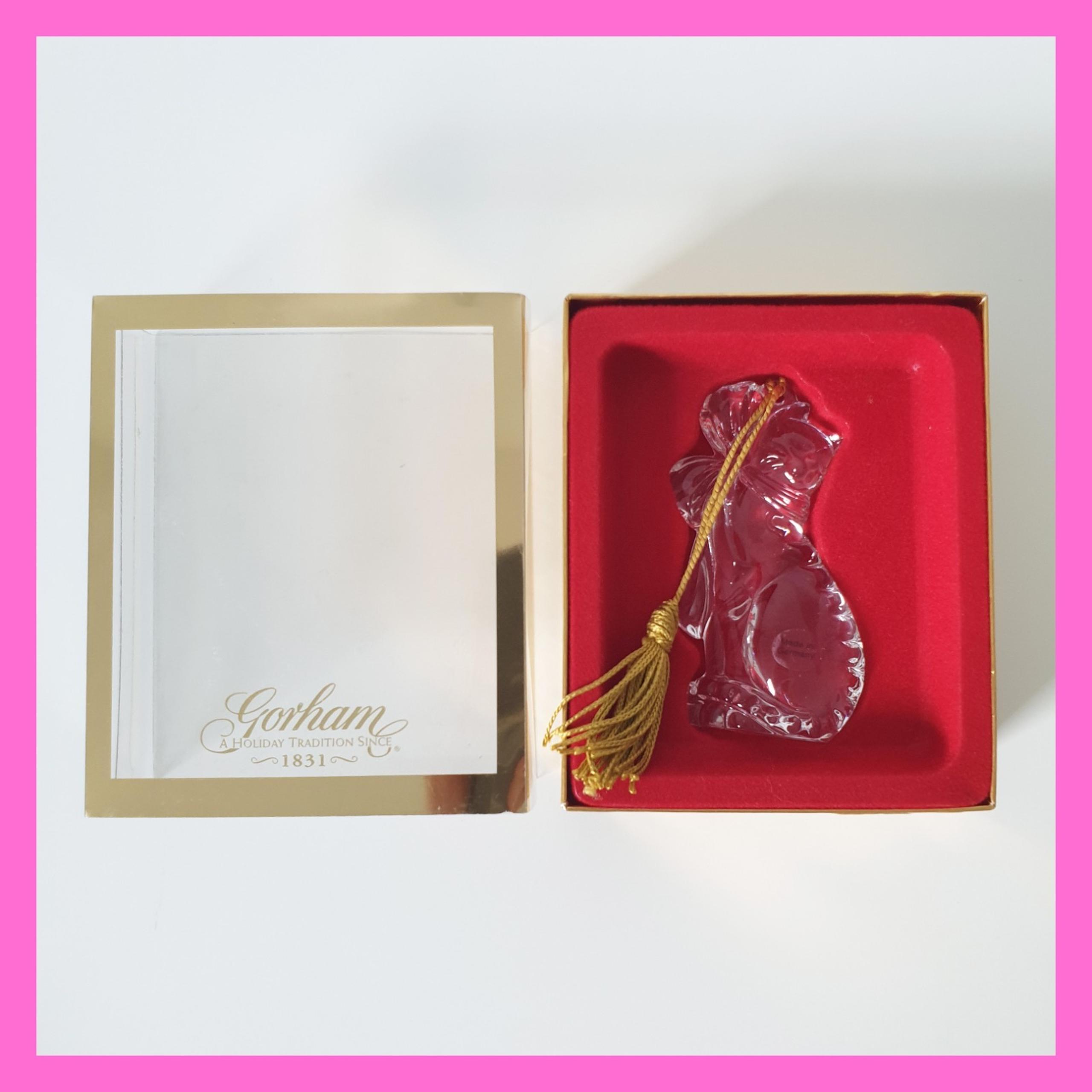 Gorham Crystal Clear Glass Cat with Ribbon Kitty Bow Ornament Germany New in BOX