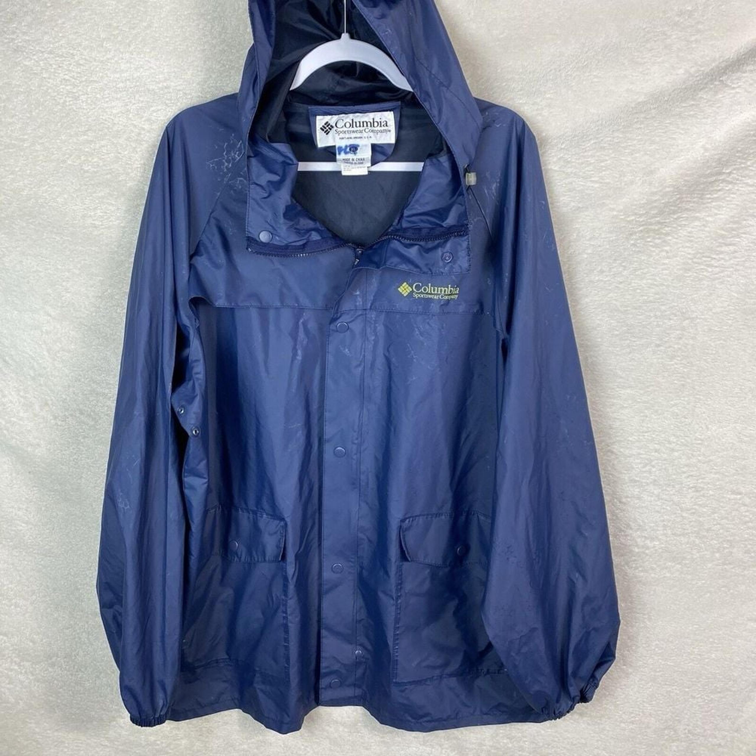 VINTAGE Columbia Jacket Men XL Blue Rain Coat Waterproof PVC Hoodie 90s Vented
