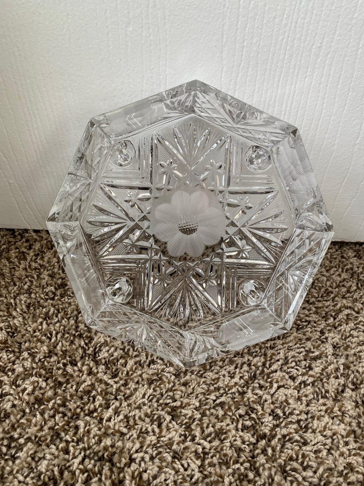 Vintage Cut Crystal Octagon Footed Bowl with Etched Flower
