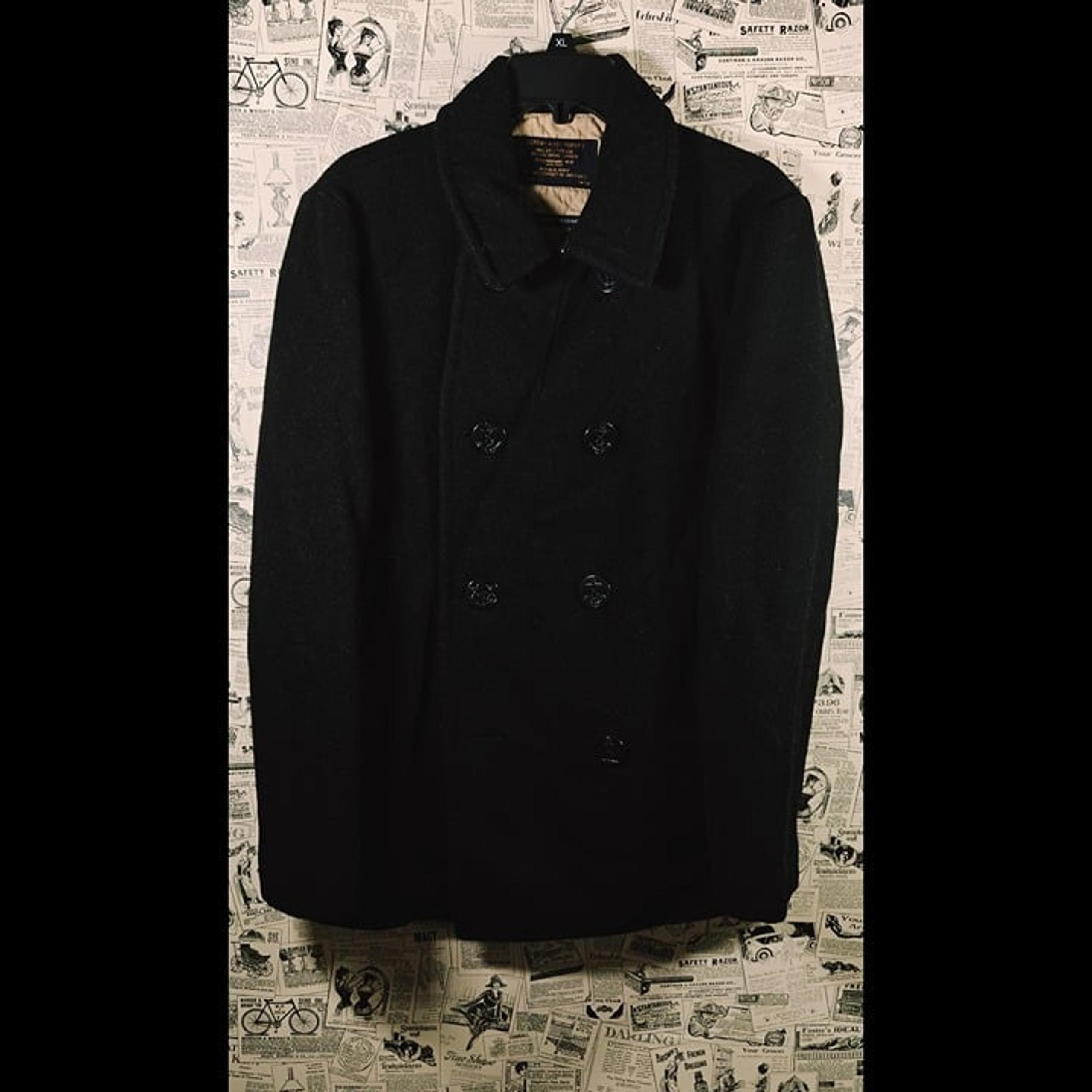 Men’s J. Crew Bayswater Peacoat Men’s S Black Quilt Lined Stadium 100% Wool
