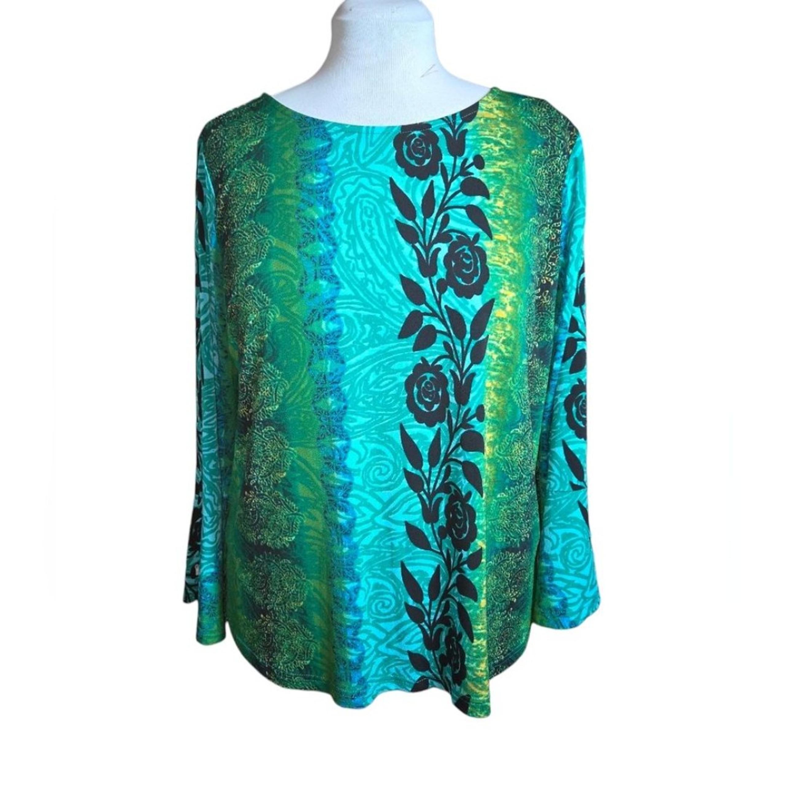 Bob Mackie Wearable Art Green Black Floral Liquid Knit Flare Sleeve Tunic Sz L
