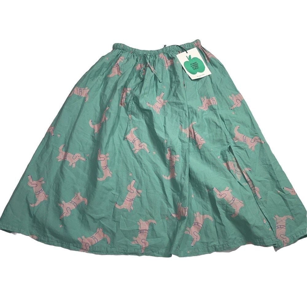 Bobo Choses Pink Dog All Over Green Cotton Skirt Girls size 6-7 NWT