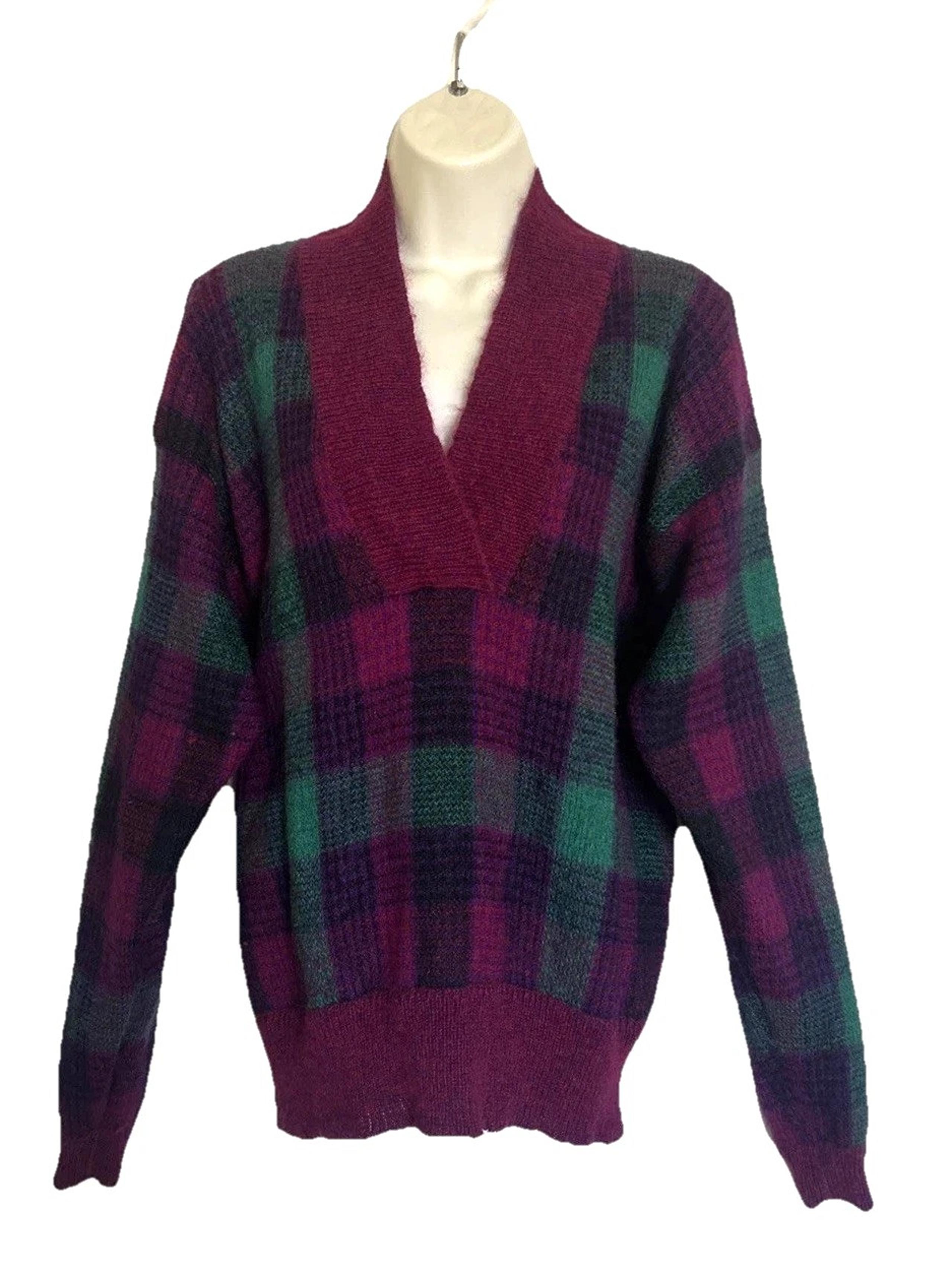 Vintage Missoni Bonwit Teller Wool Mohair Sweater Women's L Purple Green Plaid