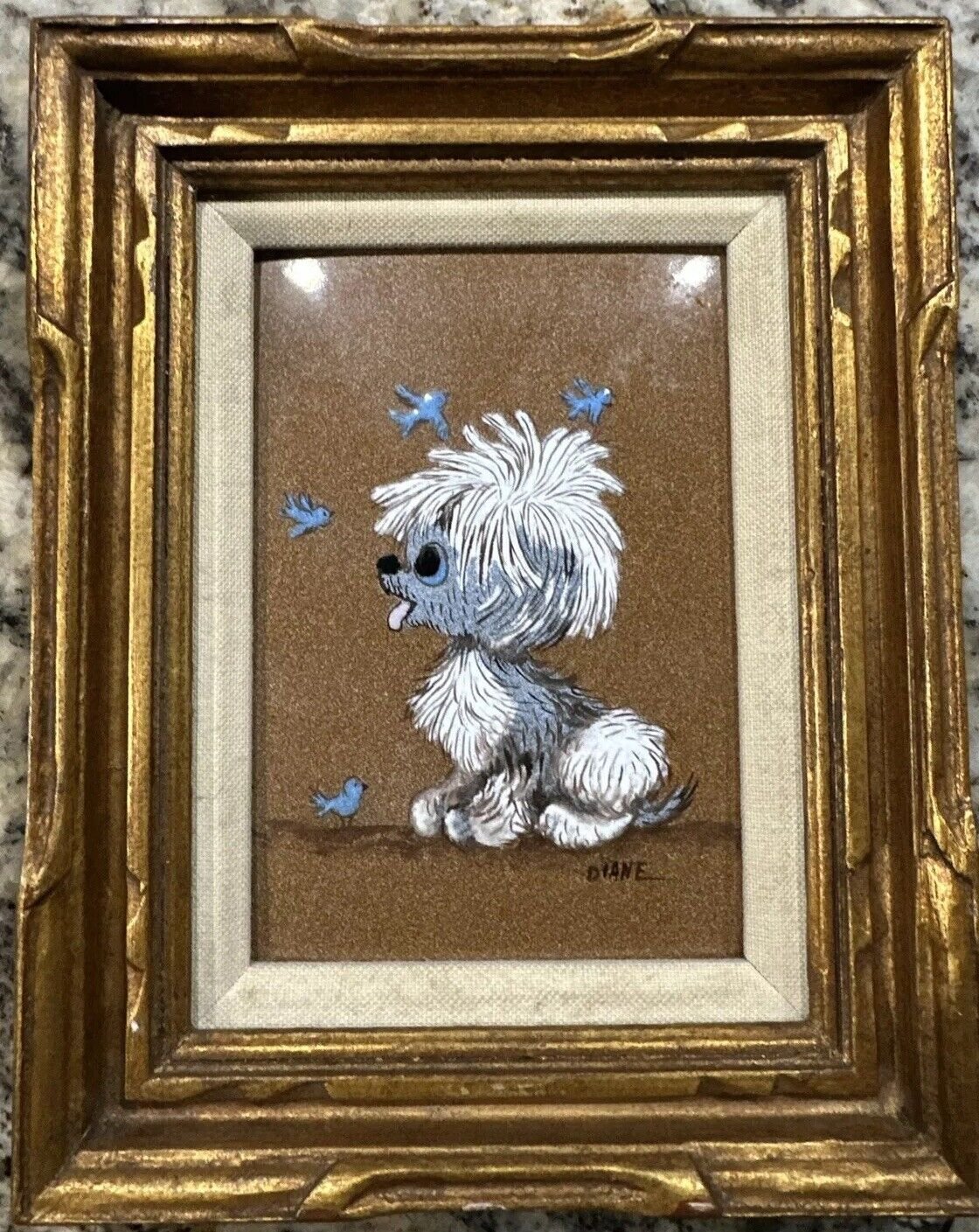 DIANE MINGOLLA SIGNED Puppy Profile With Bluebirds ENAMEL ON COPPER PAINTING