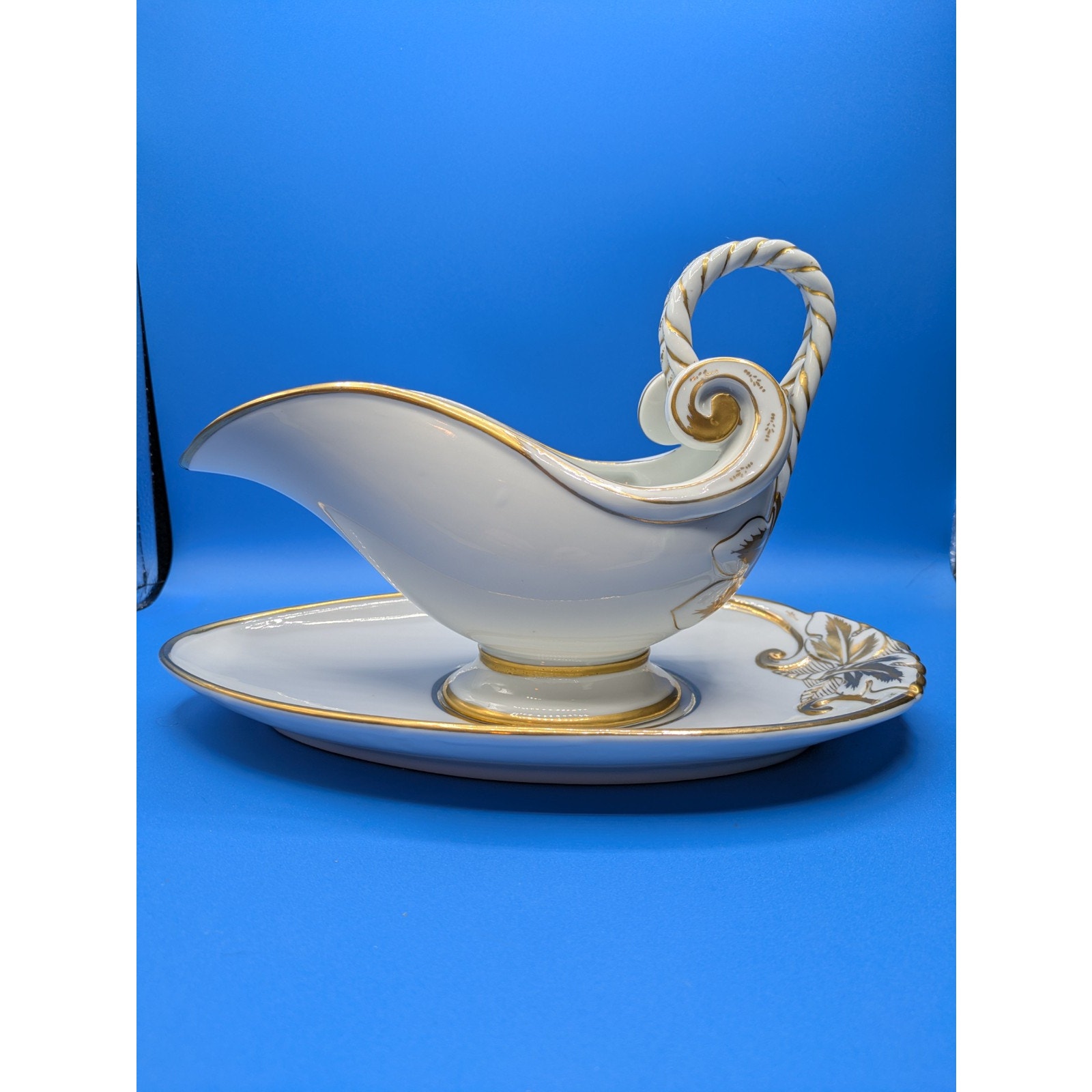 19th Century Large French White and Gold Porcelain Sauce Boat, Gravy Boat 6958