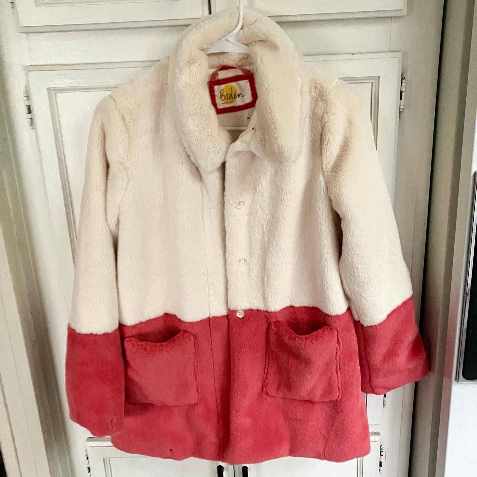Girls BODEN Mini Boden Faux Fur Color Block Coat 11-12