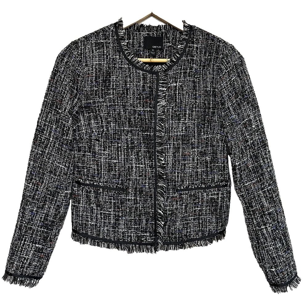 Anthropologie Greylin Tweed Fringe Jacket Women XS Black Blazer Preppy Old Money