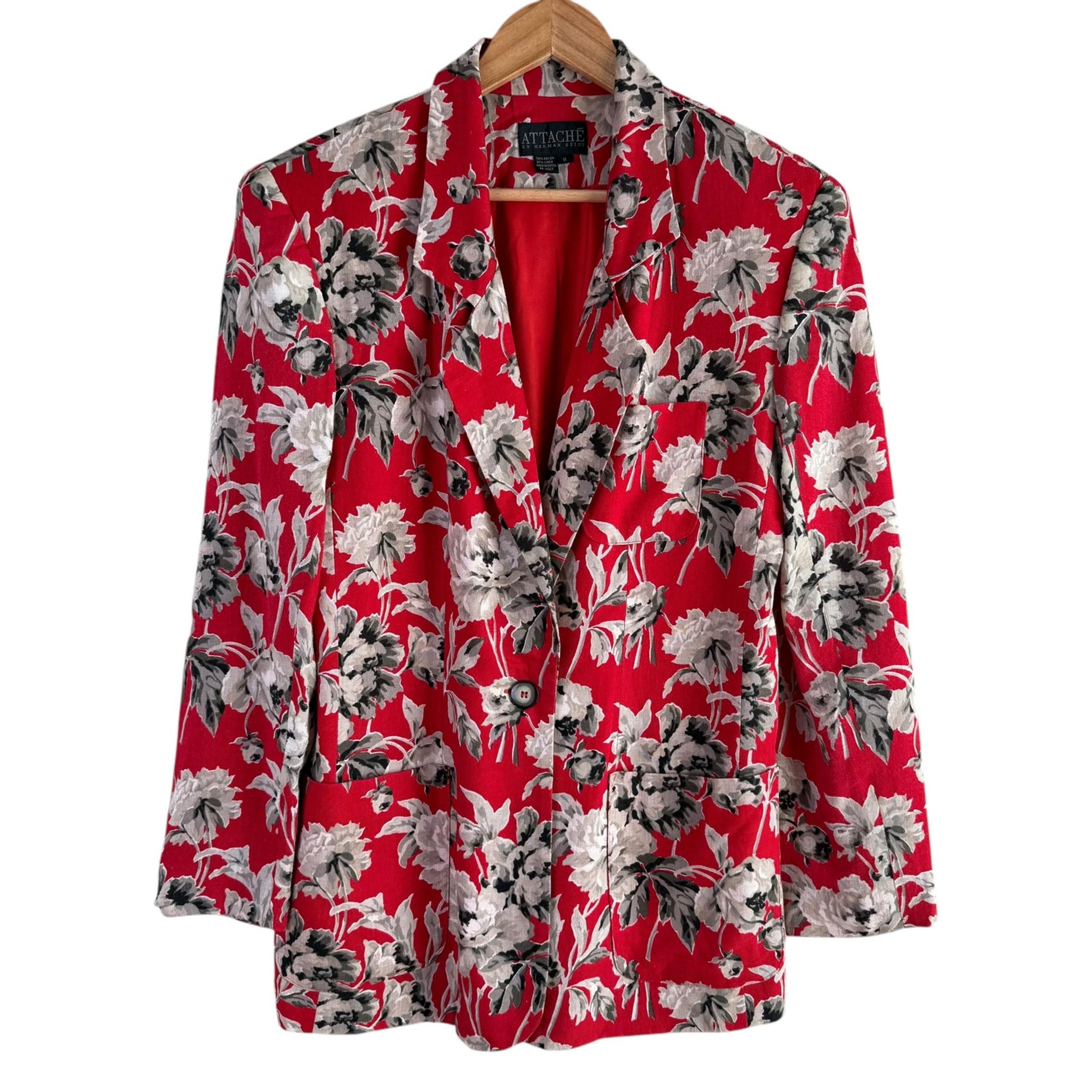 Vintage 80s Attaché by Herman Geist Linen Red Floral Blazer Jacket, Size 8