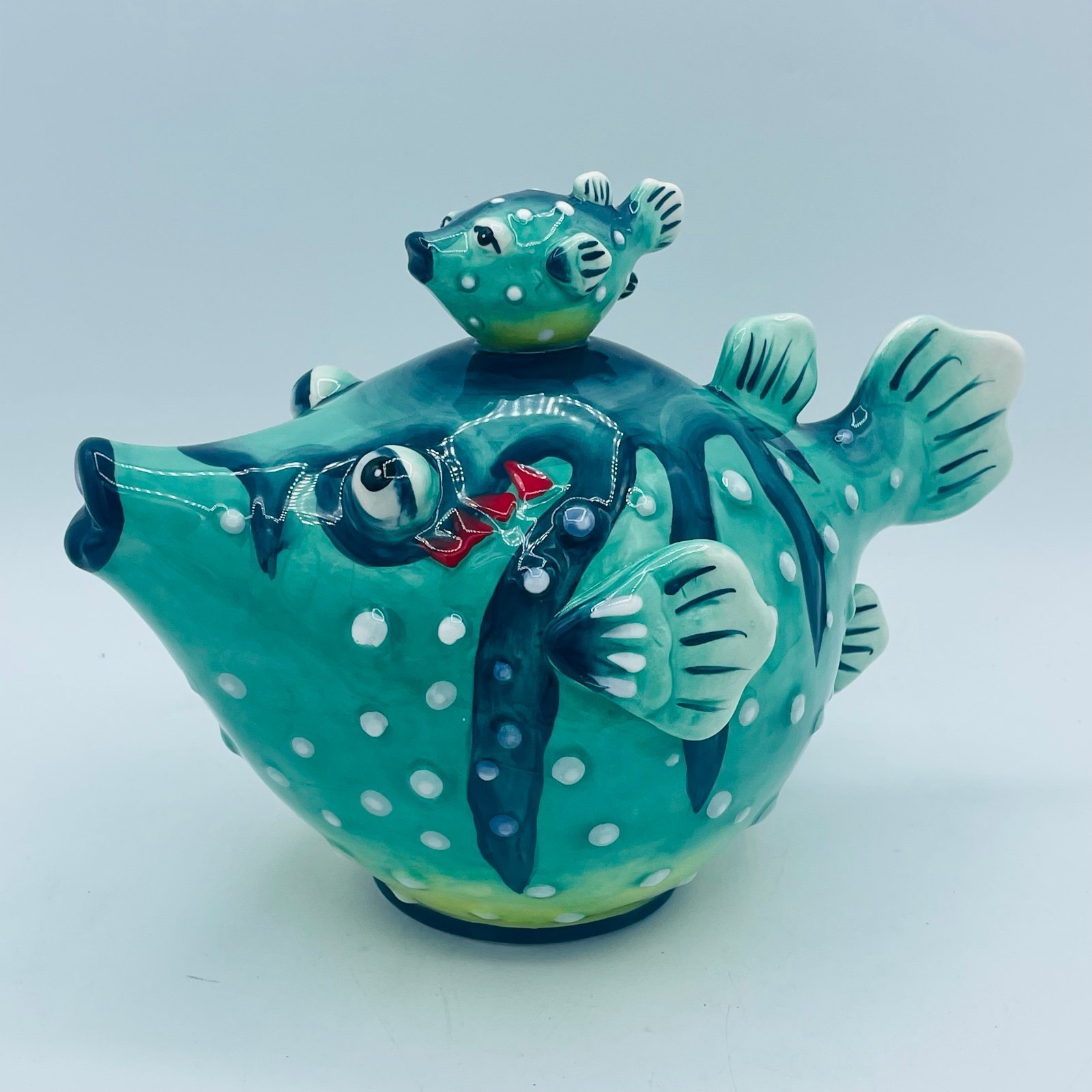 Blue Sky Clay Works Puffer Fish & Baby Ceramic Beach Home Decor