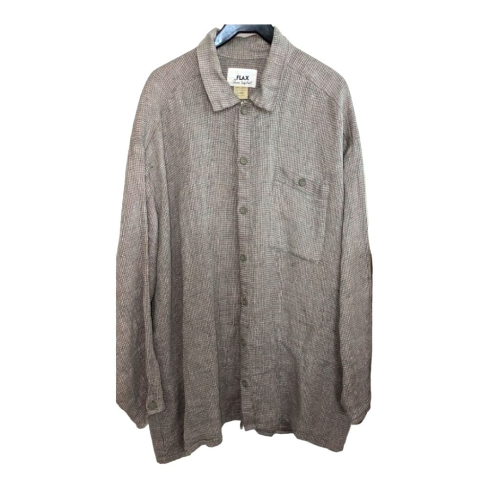 Flax Tan & Teal Tweed 100% Linen Oversized Shacket Size Large GUC