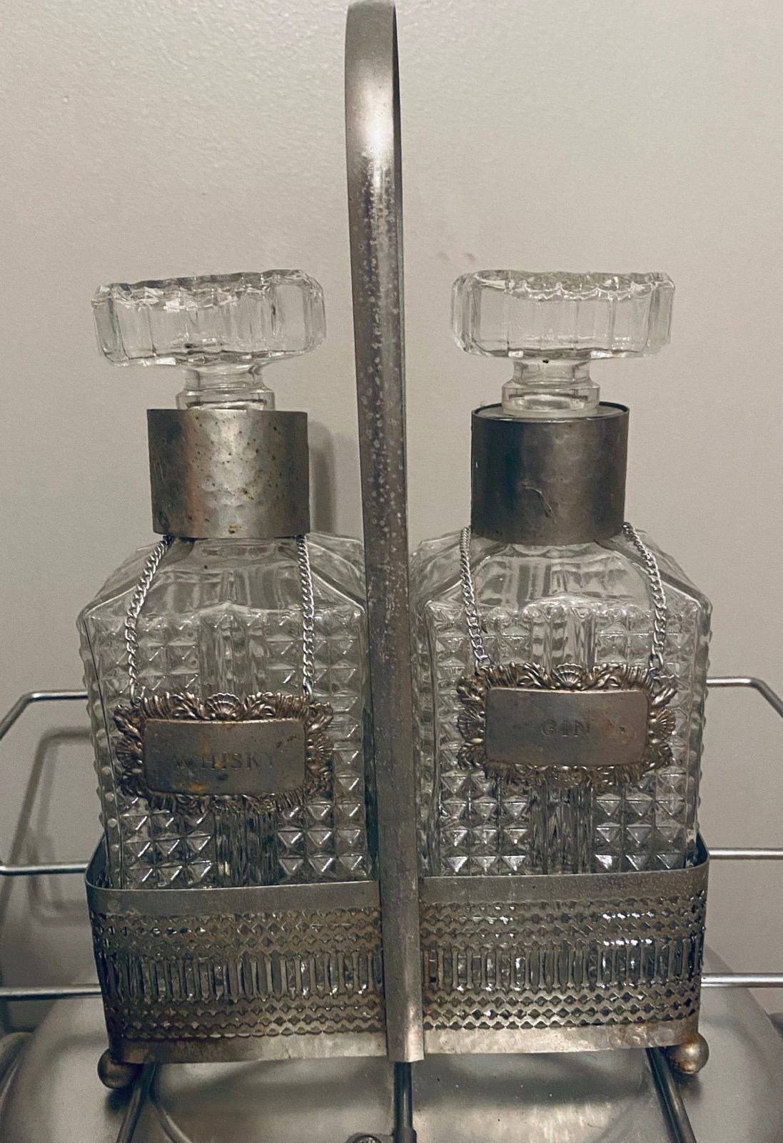 Vintage Whiskey & Gin Cut Glass decanter set with Metal Basket