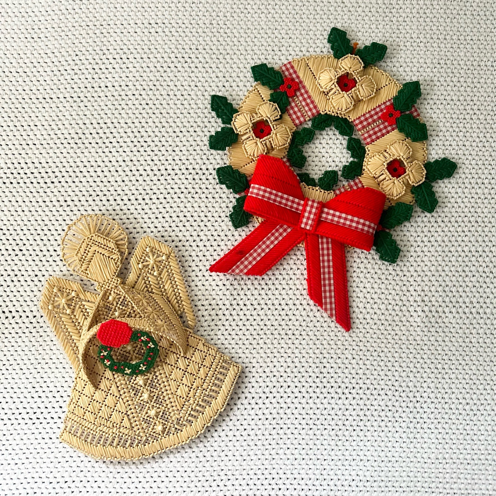 Handmade Vintage Crochet Straw Angel Tree Topper Sitter Hanging Wreath Set