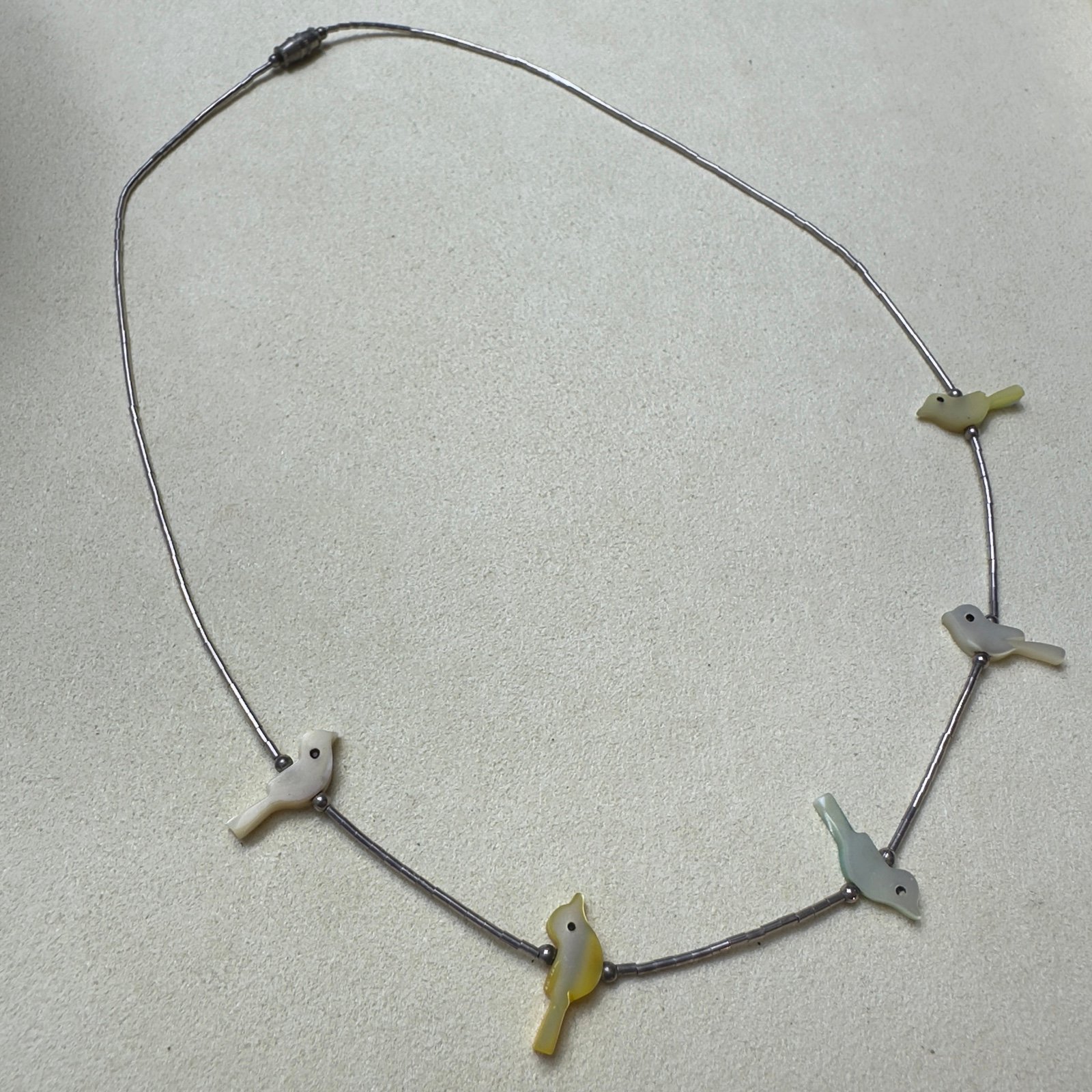 Vintage Liquid Silver and Mother of Pearl Bird Fetish Necklace Native American