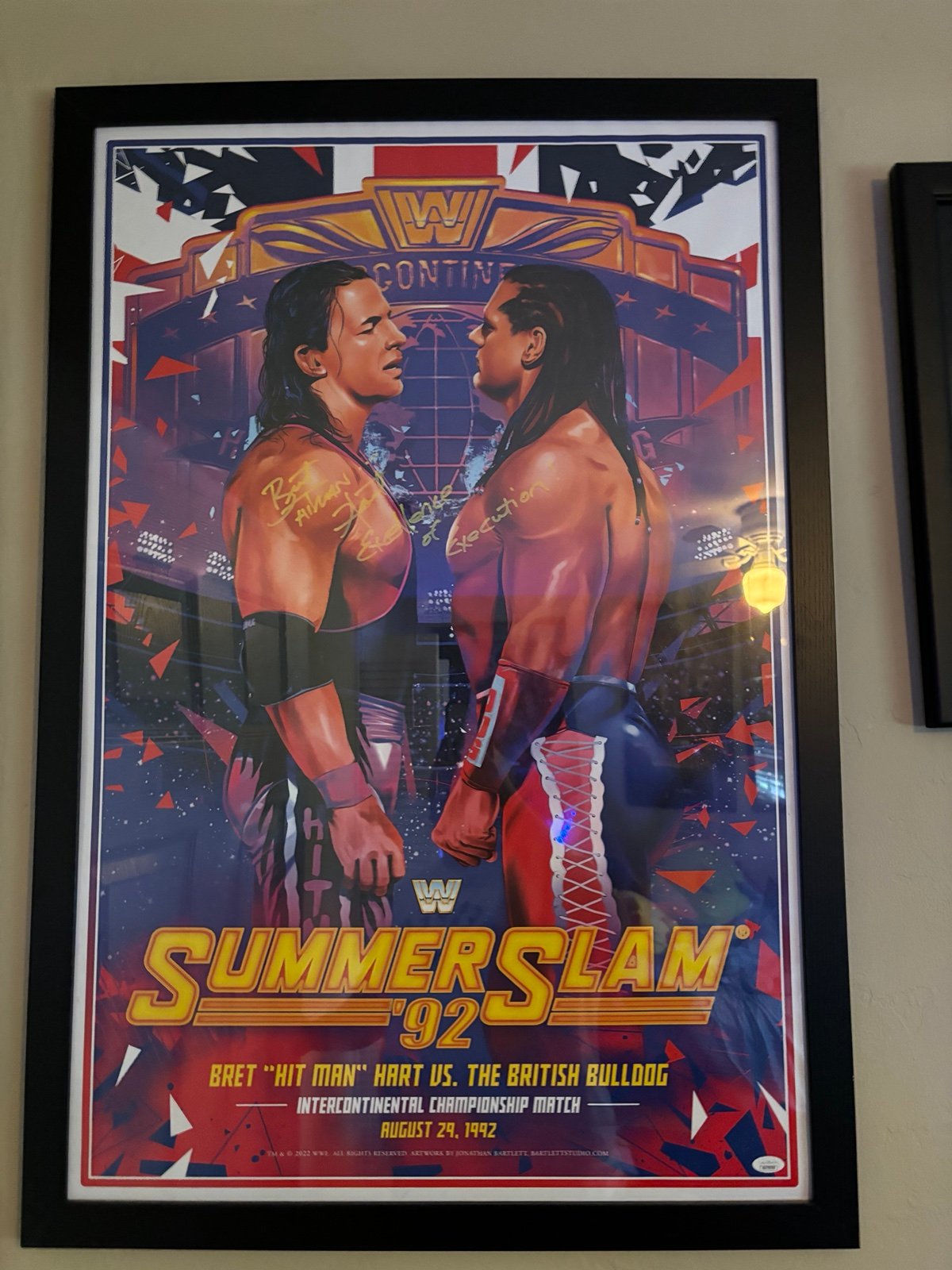 WWE Bret Hart British Bulldog SummerSlam Autographed Poster Jonathan Bartlett