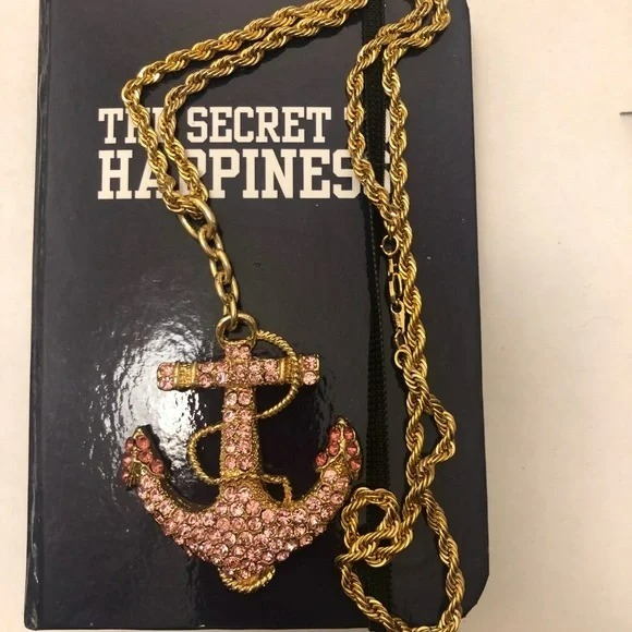*GORGEOUS* Pink Rhinestone Anchor Necklace Gold Rope Chain