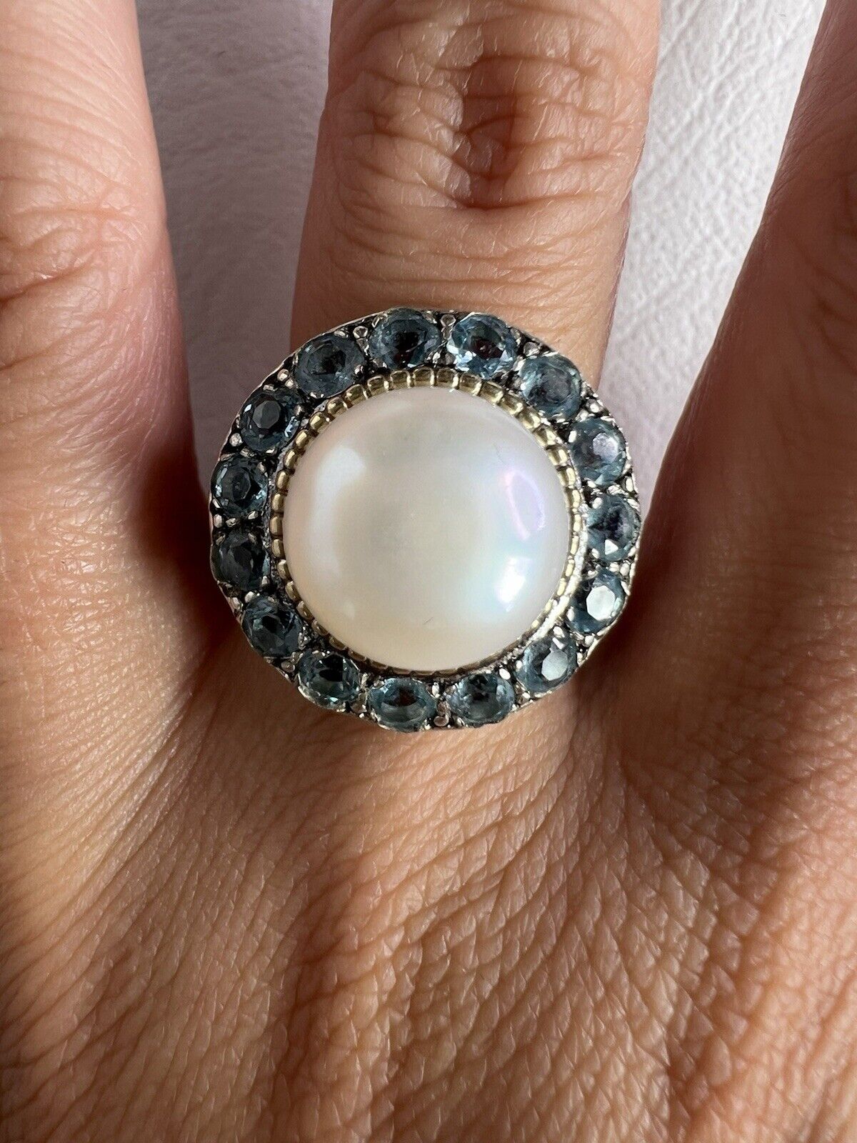14k & 925 Sterling Silver 11.6mm Pearl w/ Blue Topaz Halo Ring YAM ISRAEL Sz 9