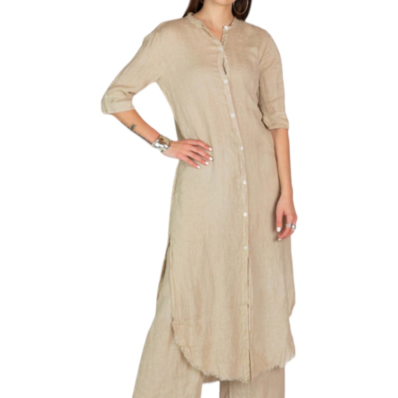 Jaga Oat Carla Shirt Dress 100% Linen Long Slit Sides Natural Fringed NWT Size 8