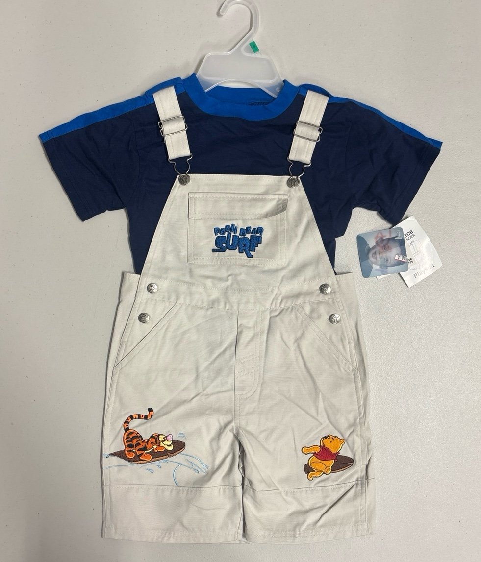 NWT- Vintage Y2K-Pooh/Tigger Pooh Bear Surf 2 piece overall shortall 5T