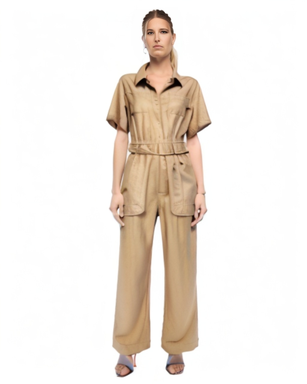 Shein Tan Belted Ribbed Button Front Jumpsuit Chic & Stylish Size 12