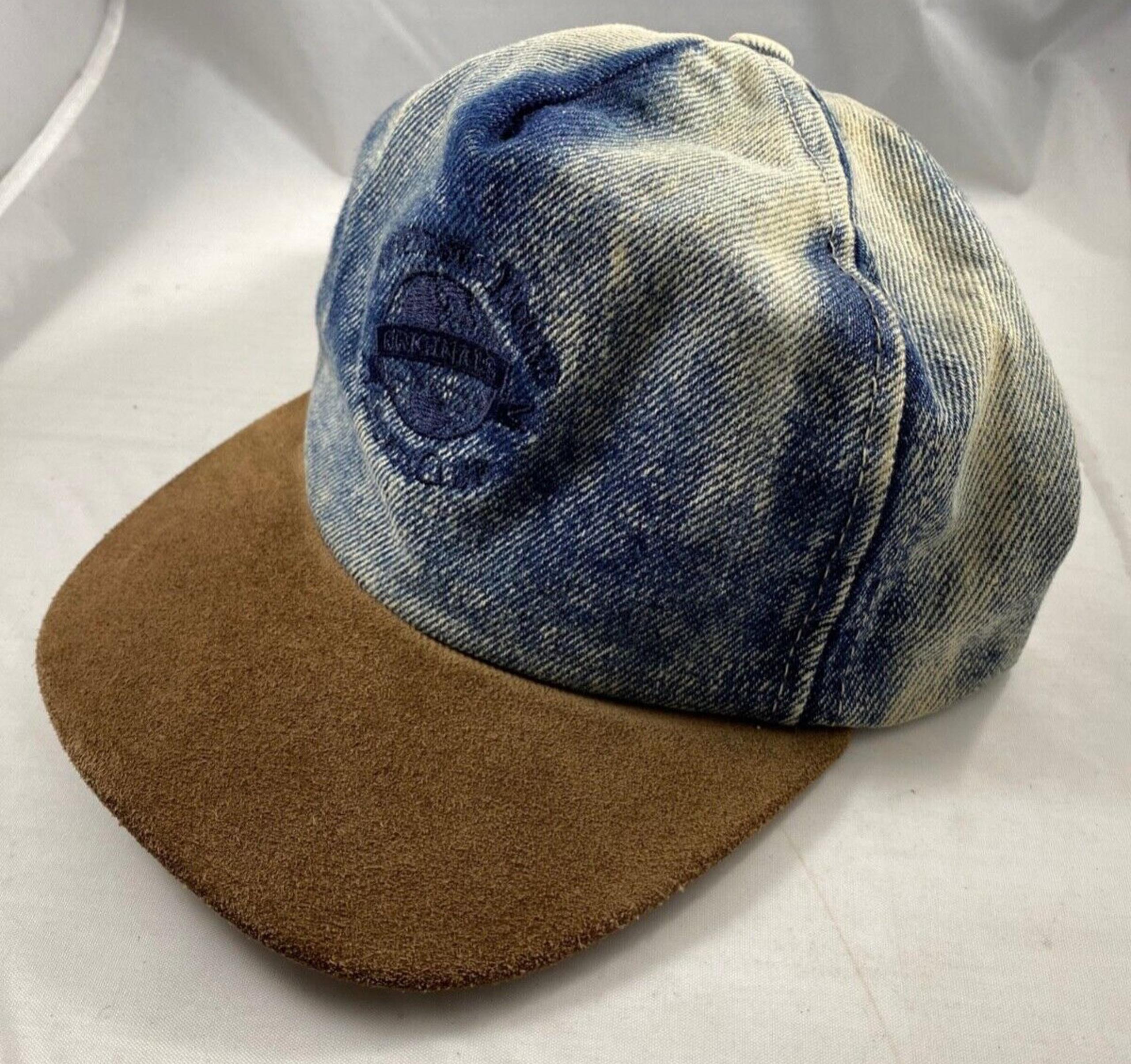 Vintage Adventure Bound Sports Club Hat - Acid Wash Denim - Leather Brim - USA