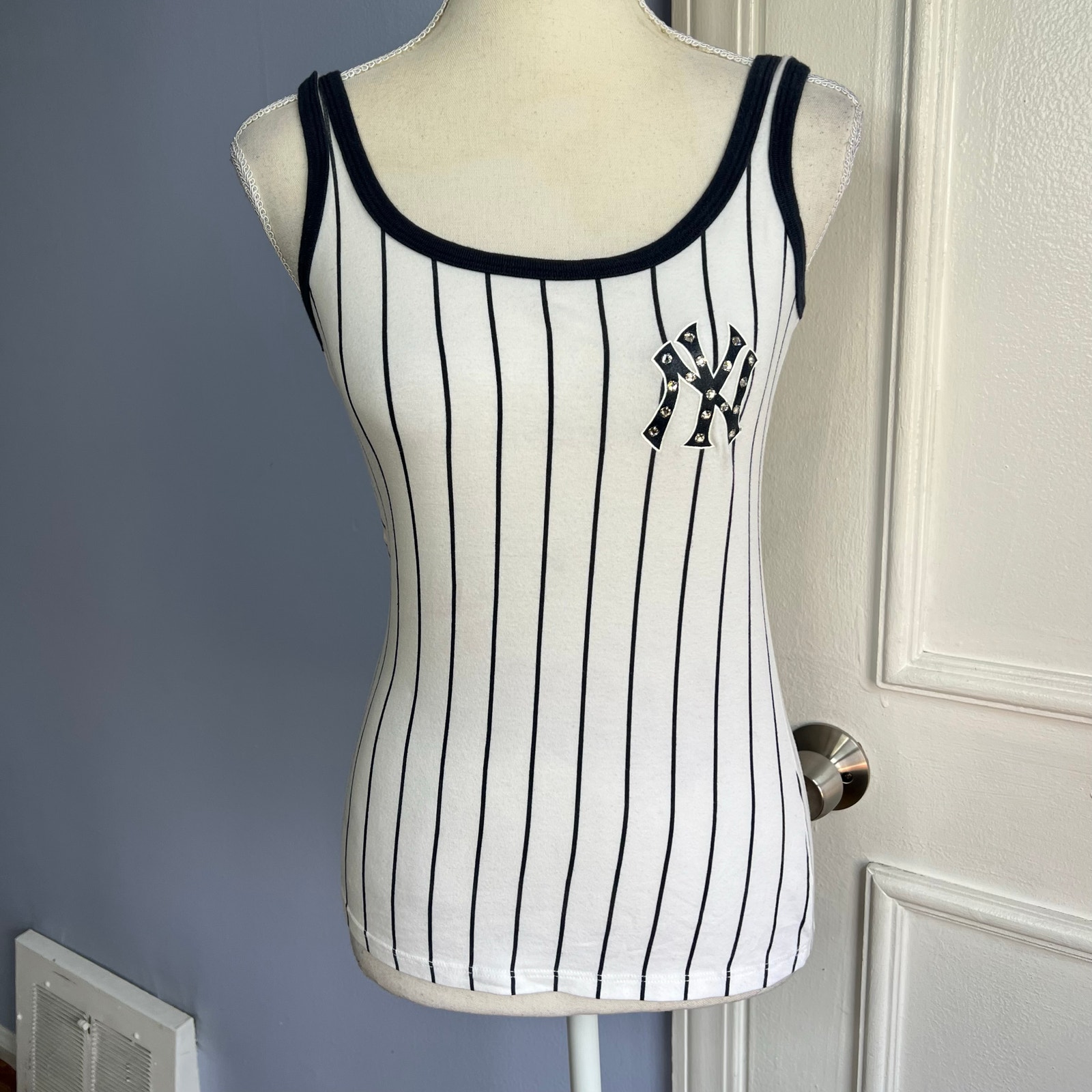 Y2K Majestic Threads New York Yankees Tank Top Swarovski Crystal Pin Stripe XS