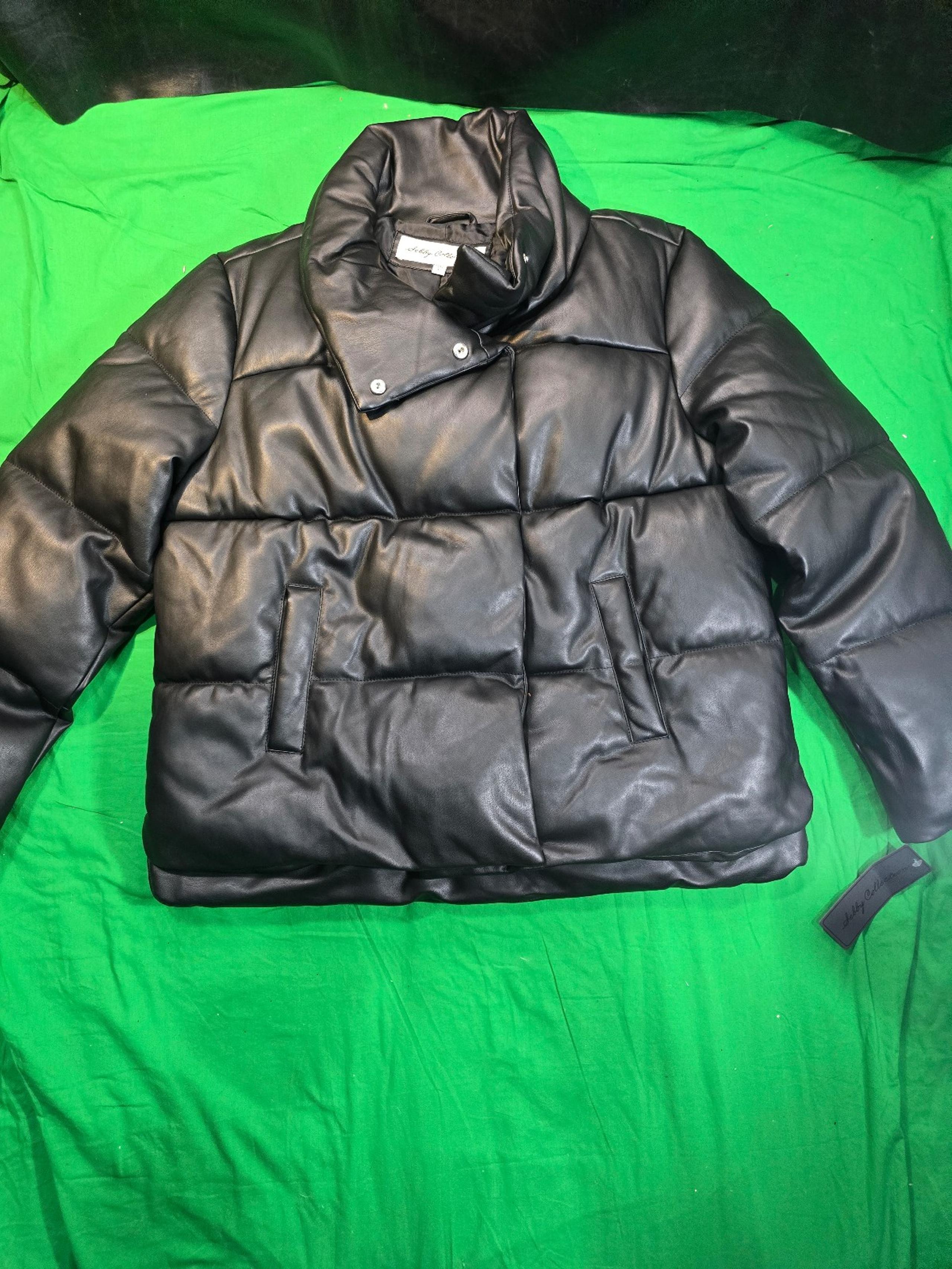 Sebby Collection Black Women Faux Leather Puffer Jacket Large New