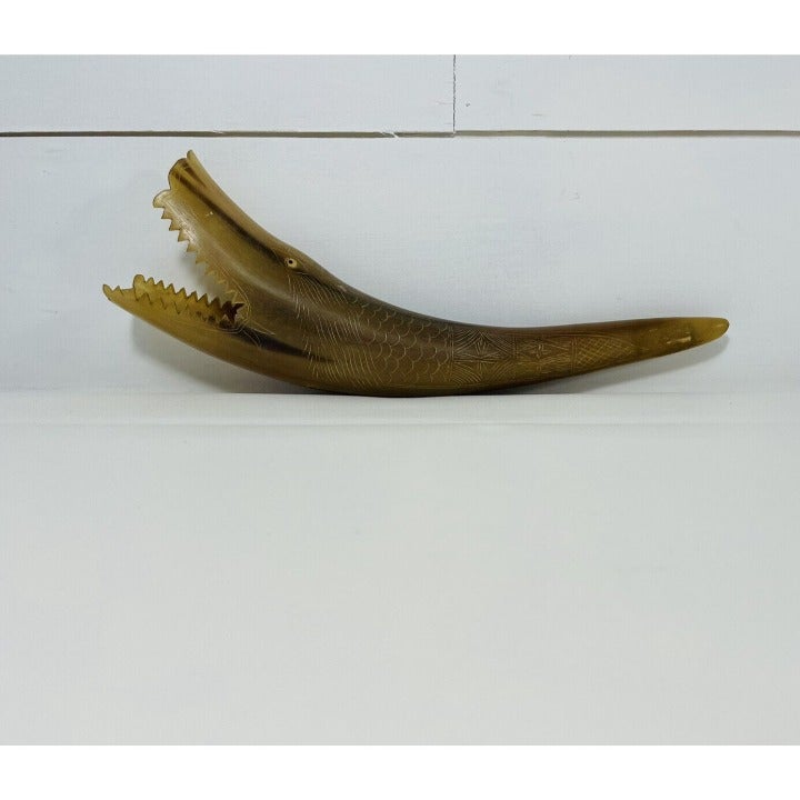 Antique Scrimshaw Horn Hand Carved Whale