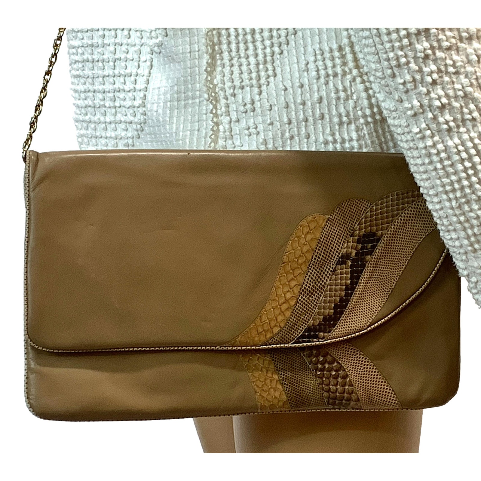 70s Tan Leather Snakeskin & Lizard Shoulder Bag Clutch Italy