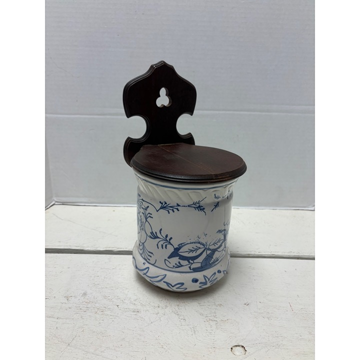 Vintage Ceramic & Wood Wall Salt Box With Blue Floral Design