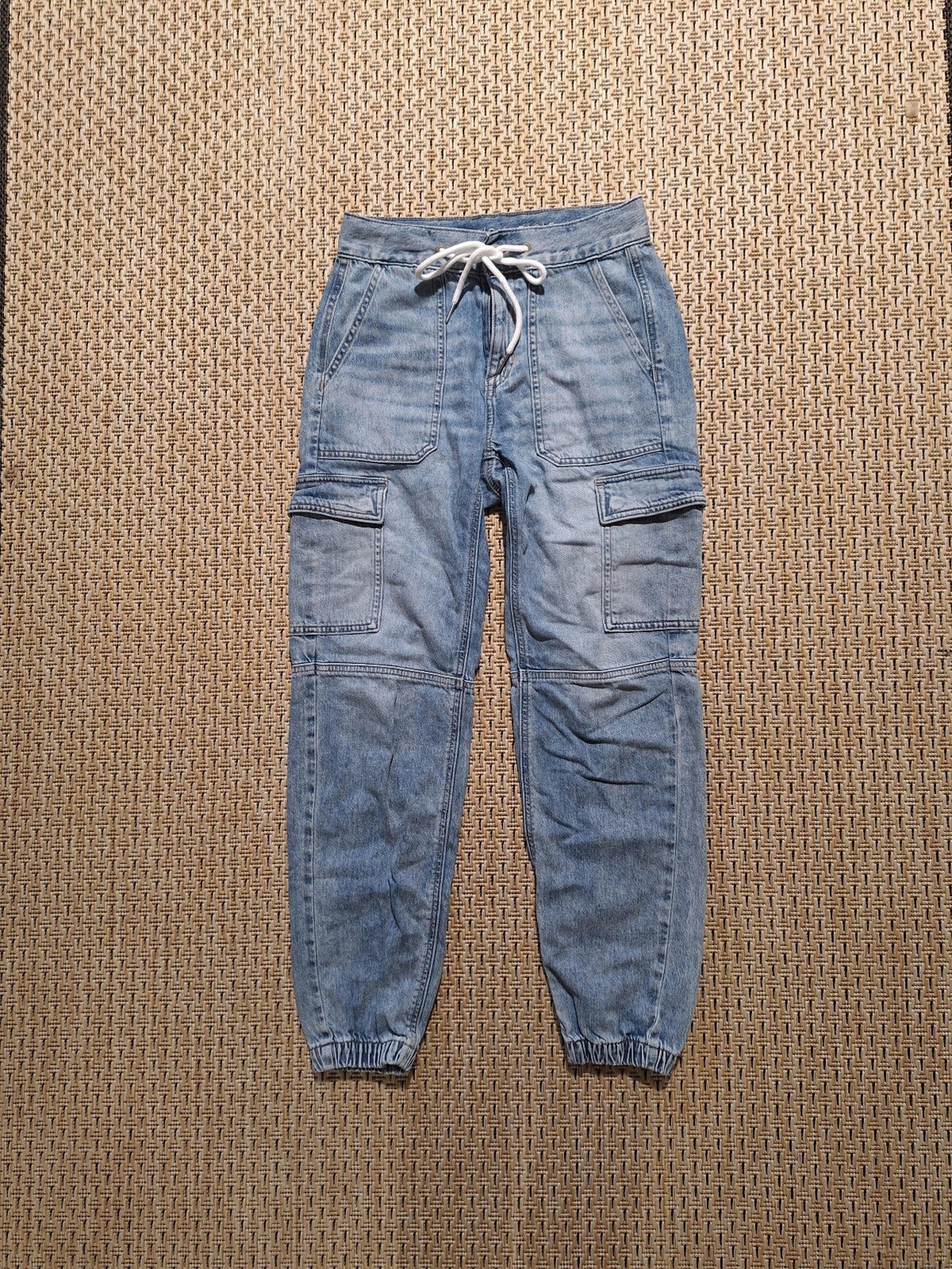 American Eagle Denim Jean Baggy Cargo Joggers Drawstring High Waisted Sz 00 Reg